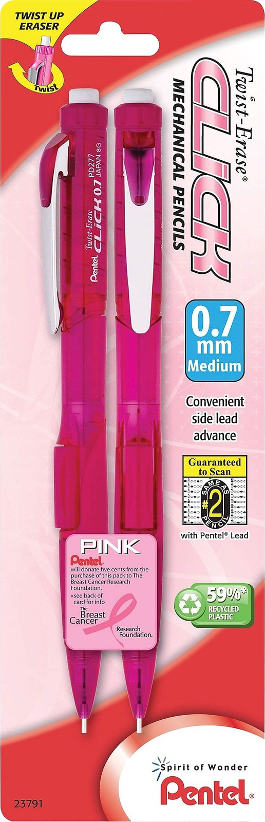 Pentel Twist Erase Click Mechanical Pencil 2 Pack Pink 0.7mm Latex Free Grip