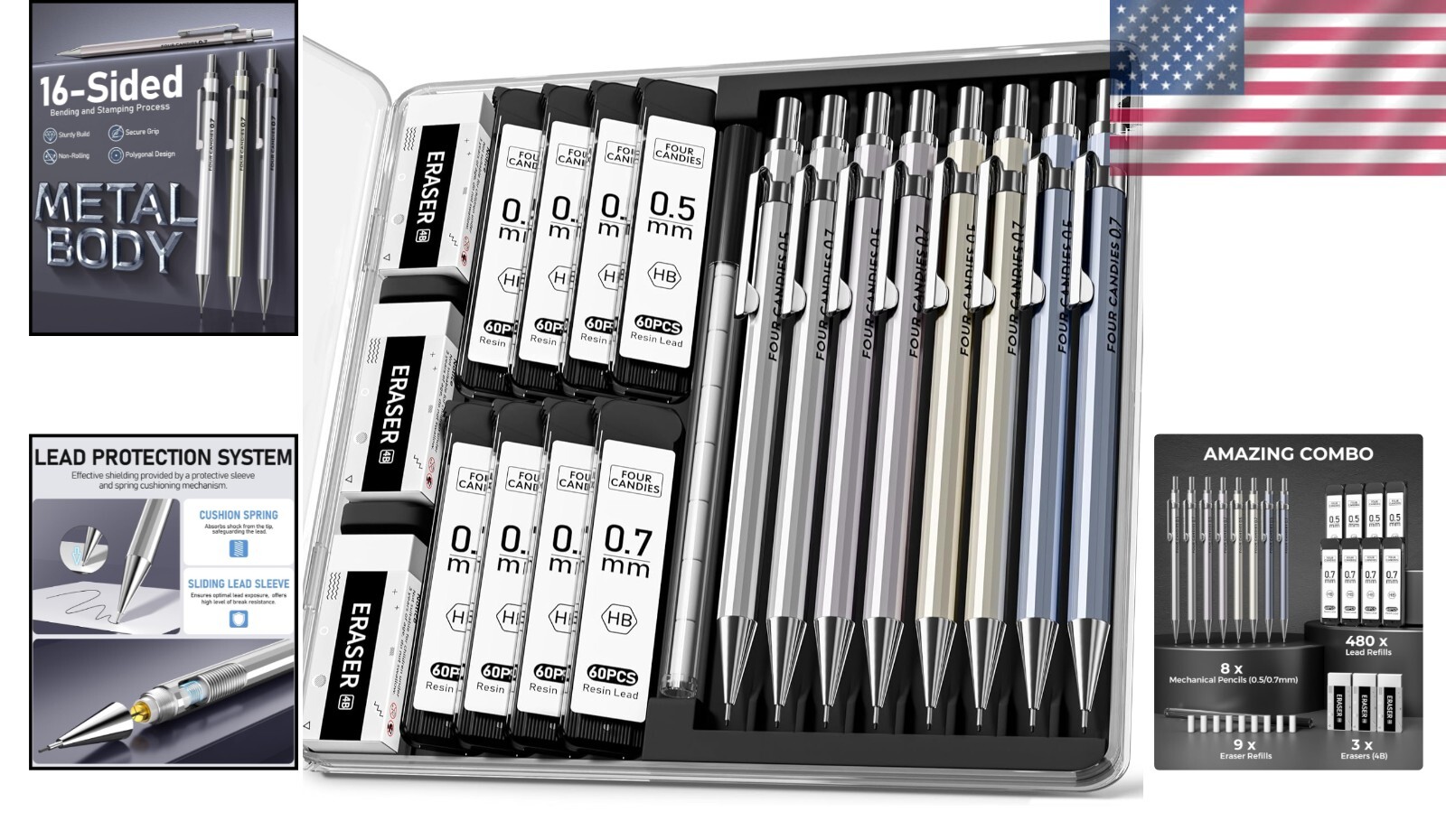 8PCS Metal Mechanical Pencils Set with HB Lead Refills & Erasers – All-in-One