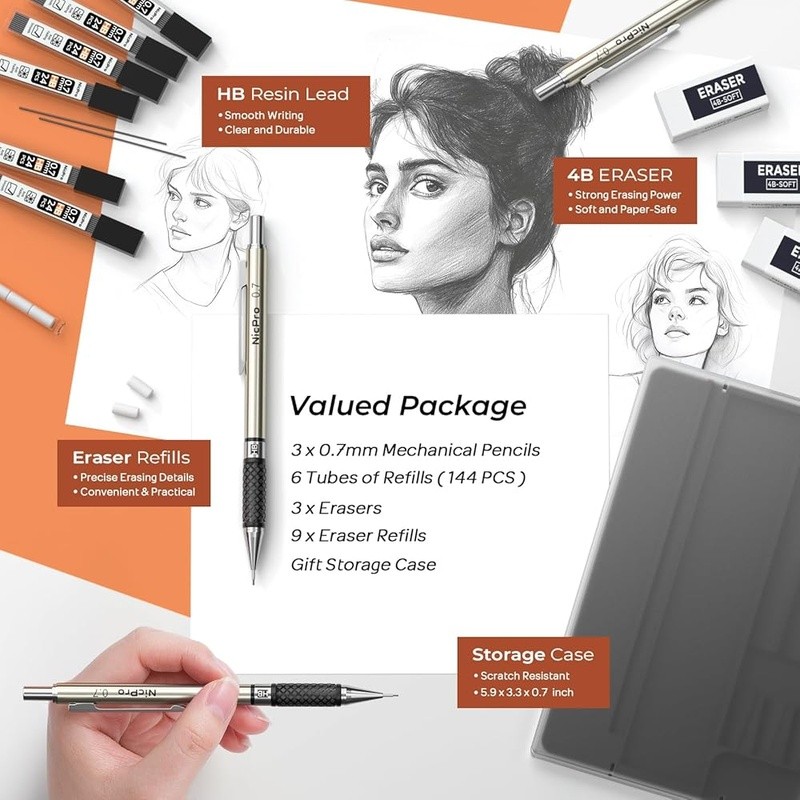 Mechanical Pencil Set 0.7mm W/ Lead Refills Erasers Ideal Artists Students New