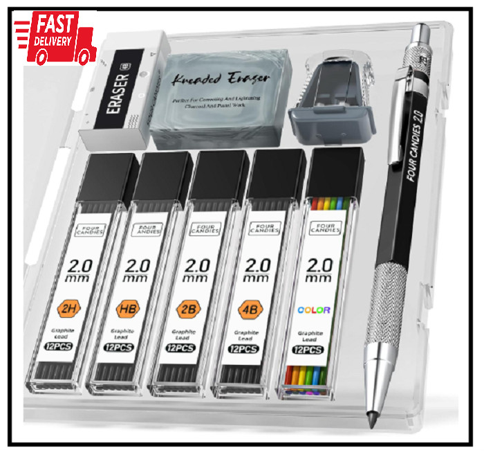 Four Candies 2MM Mechanical Pencil Set with Case, Artist Lead Pencil Metal Lead