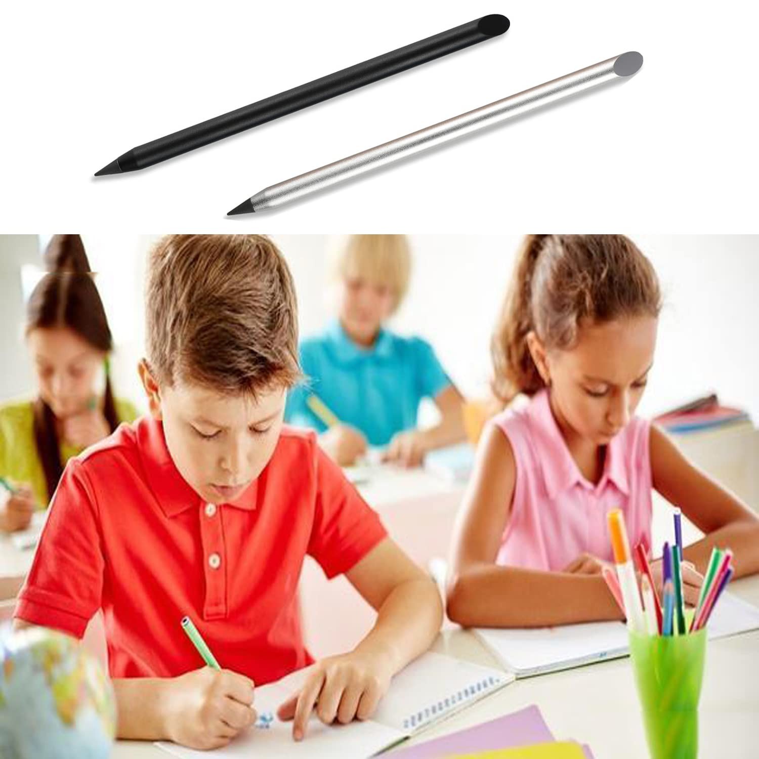2pcs Metal Inkless Pencil with BONUS 2 1 Count (Pack of 2), Black, Silver