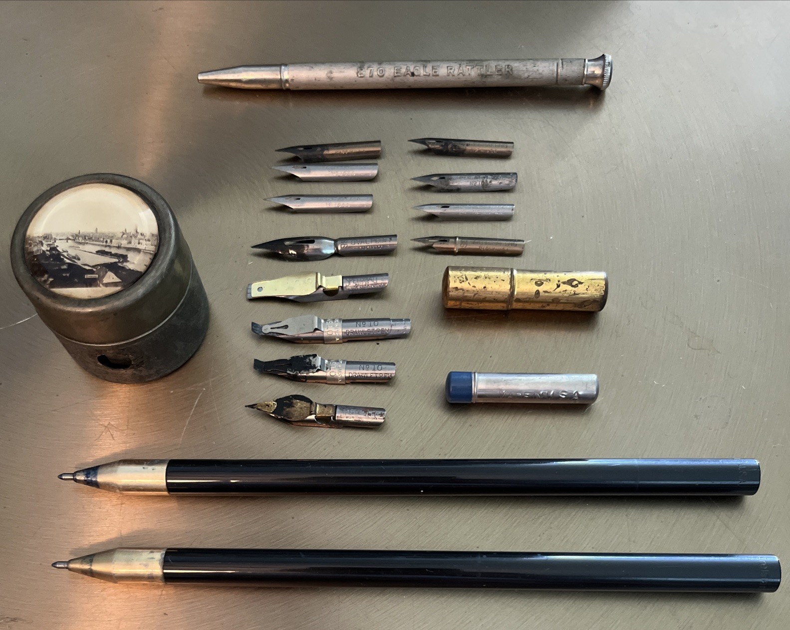 Antique Writing Lot Of 18 Mechanical Pencil, Traveling Ink Well, Krelsler Pens