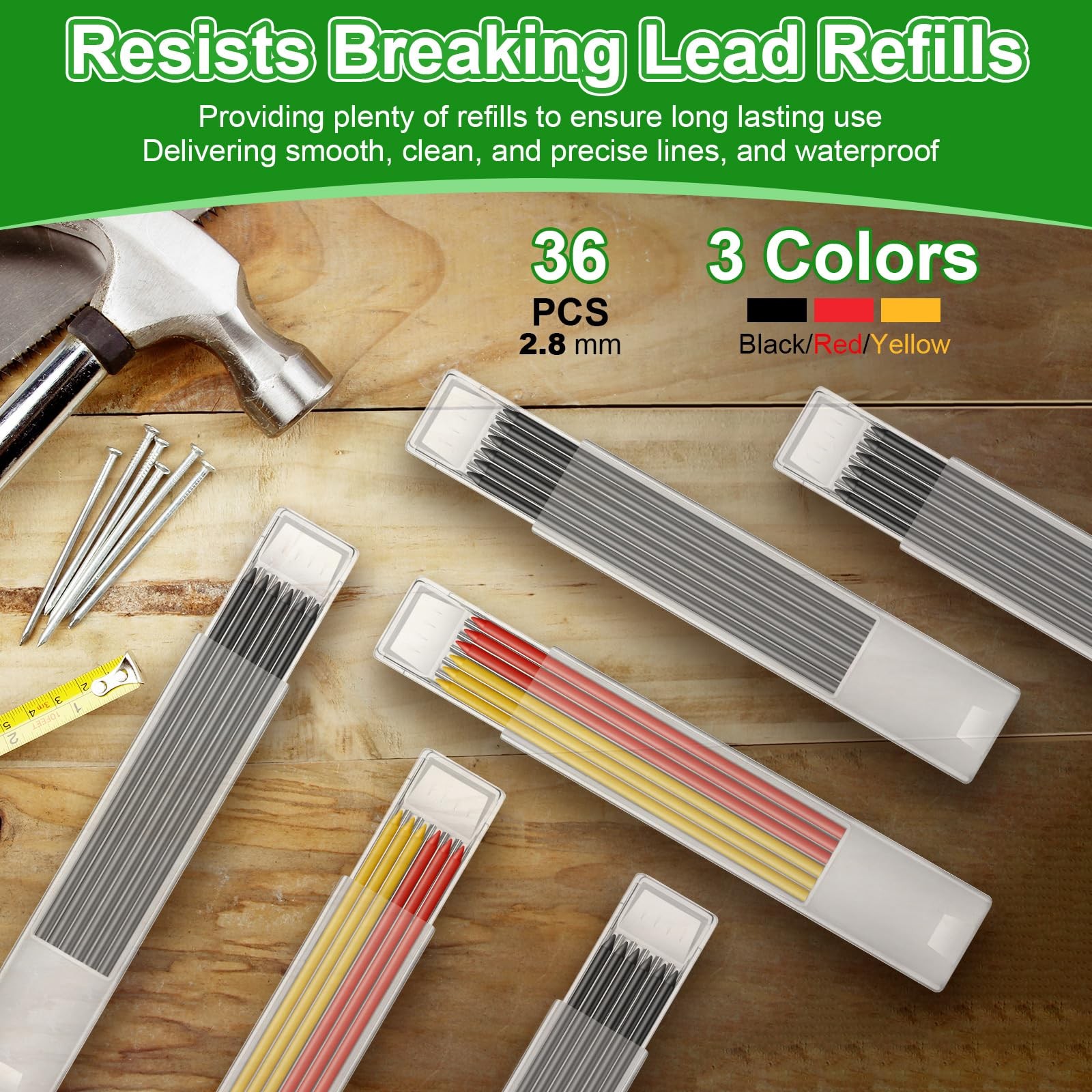 Hiboom 4 Pack Carpenter Pencils with 36 Refills (Red, Black, Yellow), Green