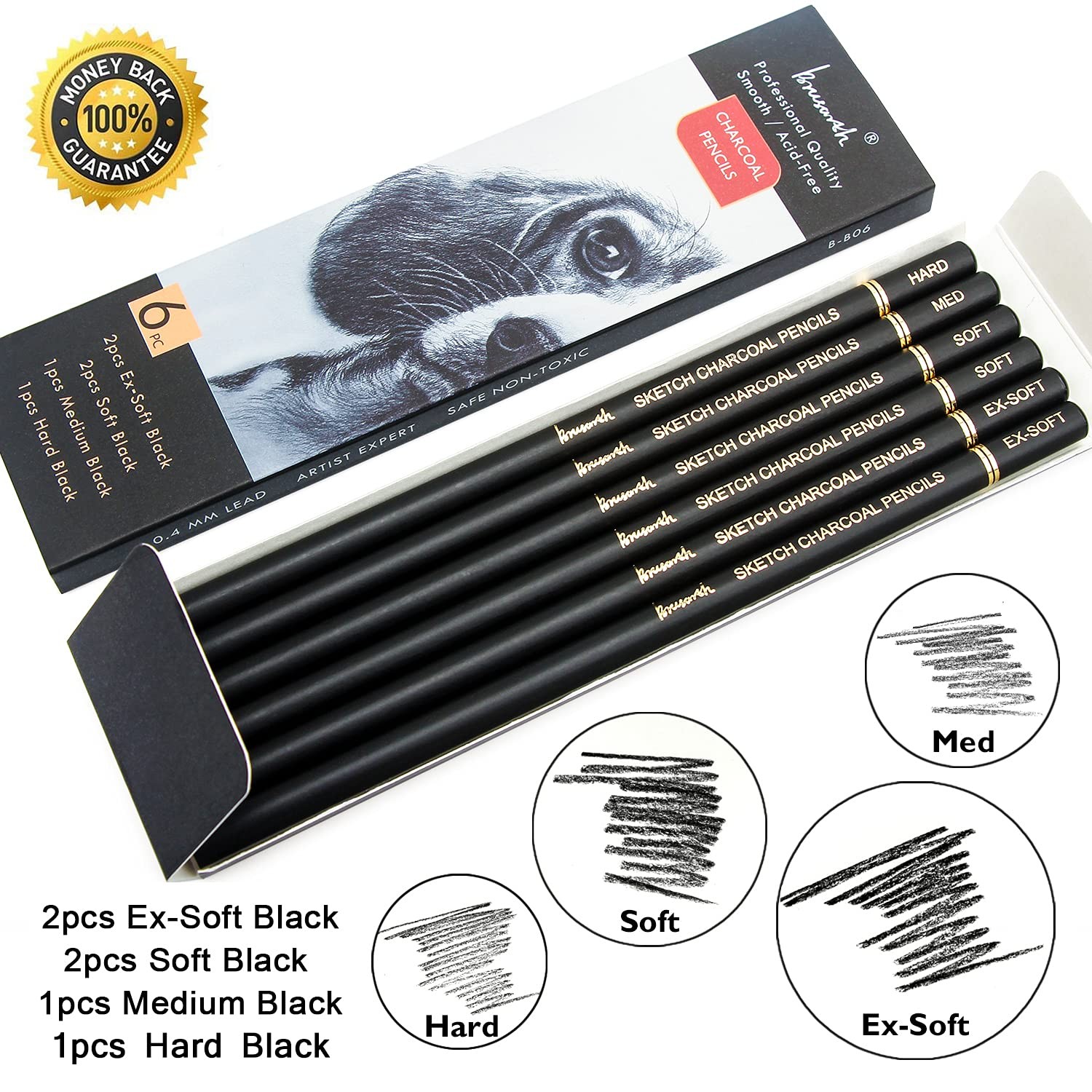 Brusarth Professional Charcoal Pencils Drawing Set 1 Count (Pack of 6), Black