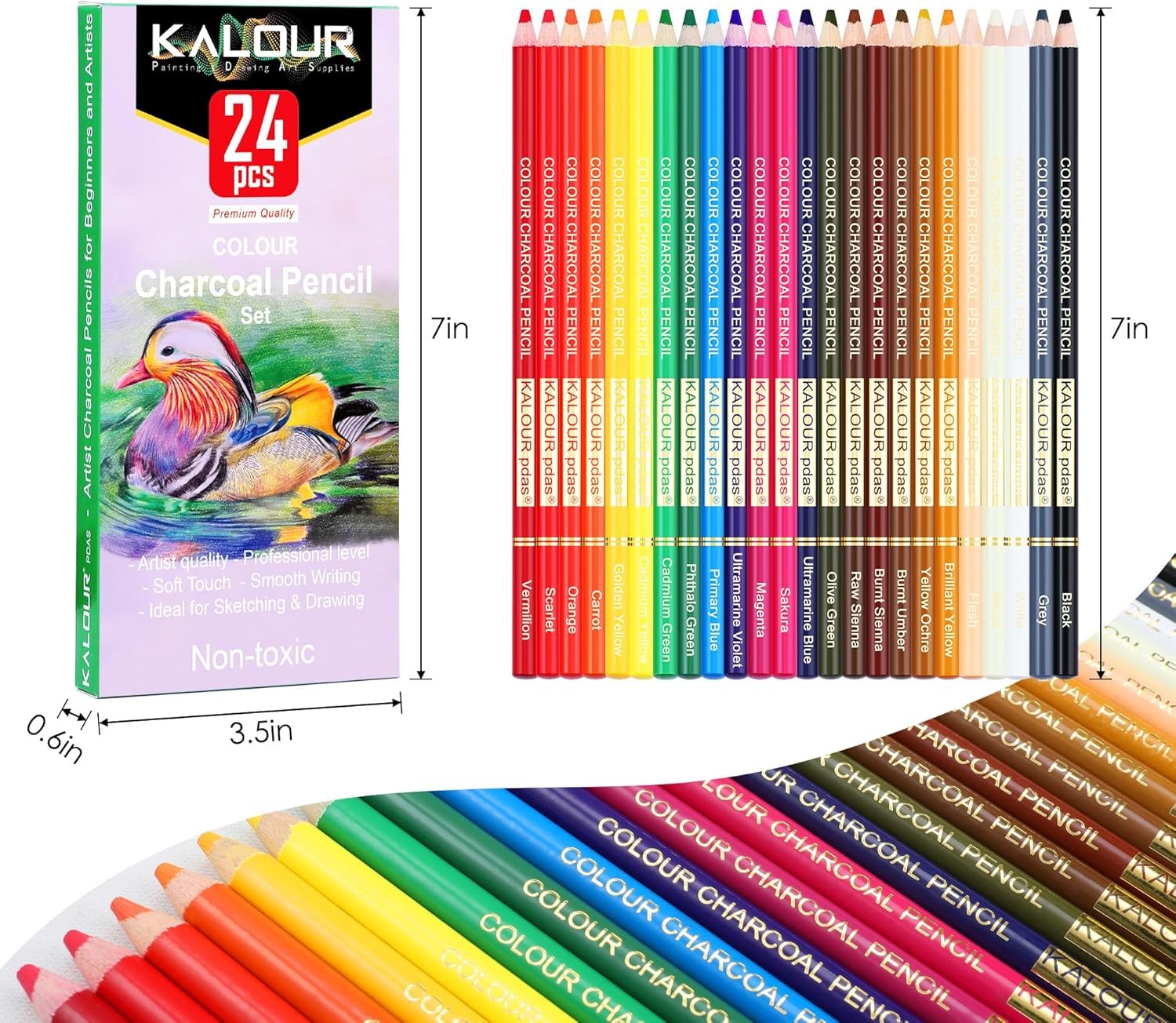 24 Premium Colored Charcoal Pencils Drawing 24 Count (Pack of 1), Multicolor
