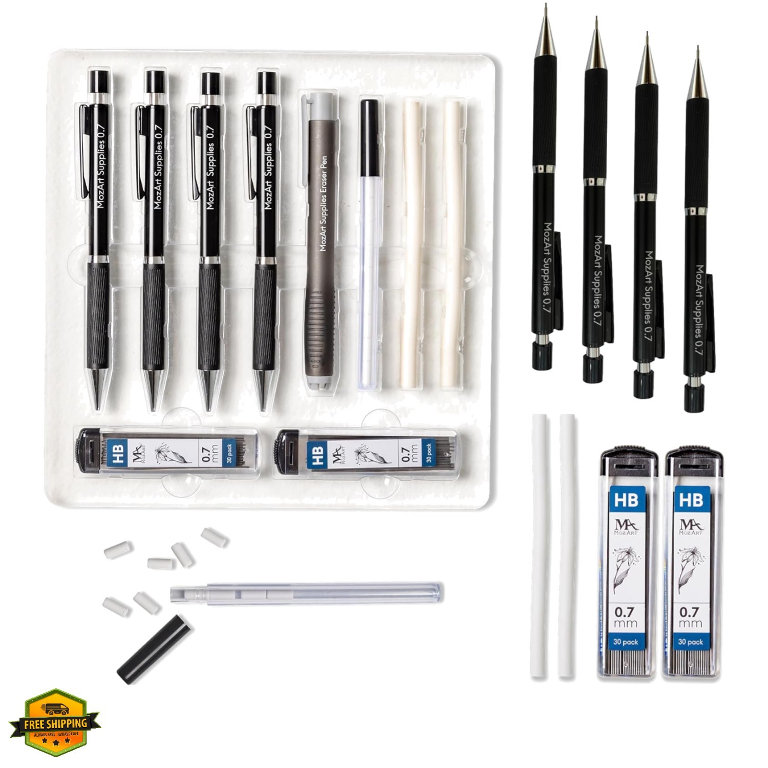 MozArt Mechanical Pencil 0.7mm Set with Case – With 2 x 30 HB Lead Refills, E…