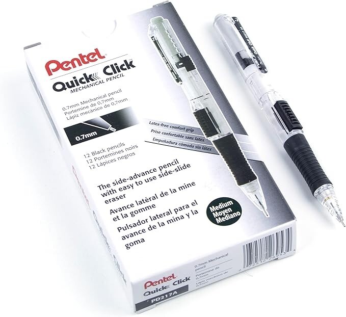 Pentel Quick Click Mechanical Pencil, (0.7mm), Medium, Black Barrel, Box of 12