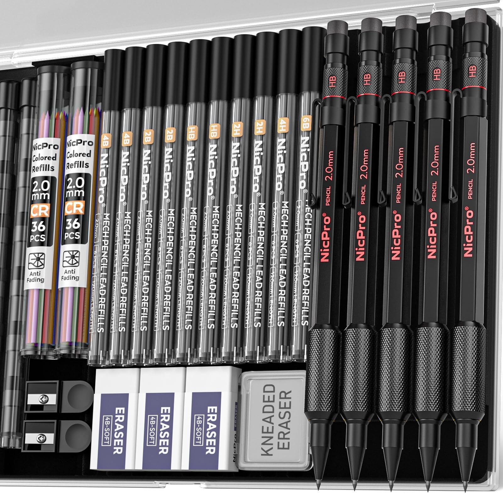 2mm Mechanical Pencils Set with Case, 65 Graphite Lead Refills Black 5 Pack