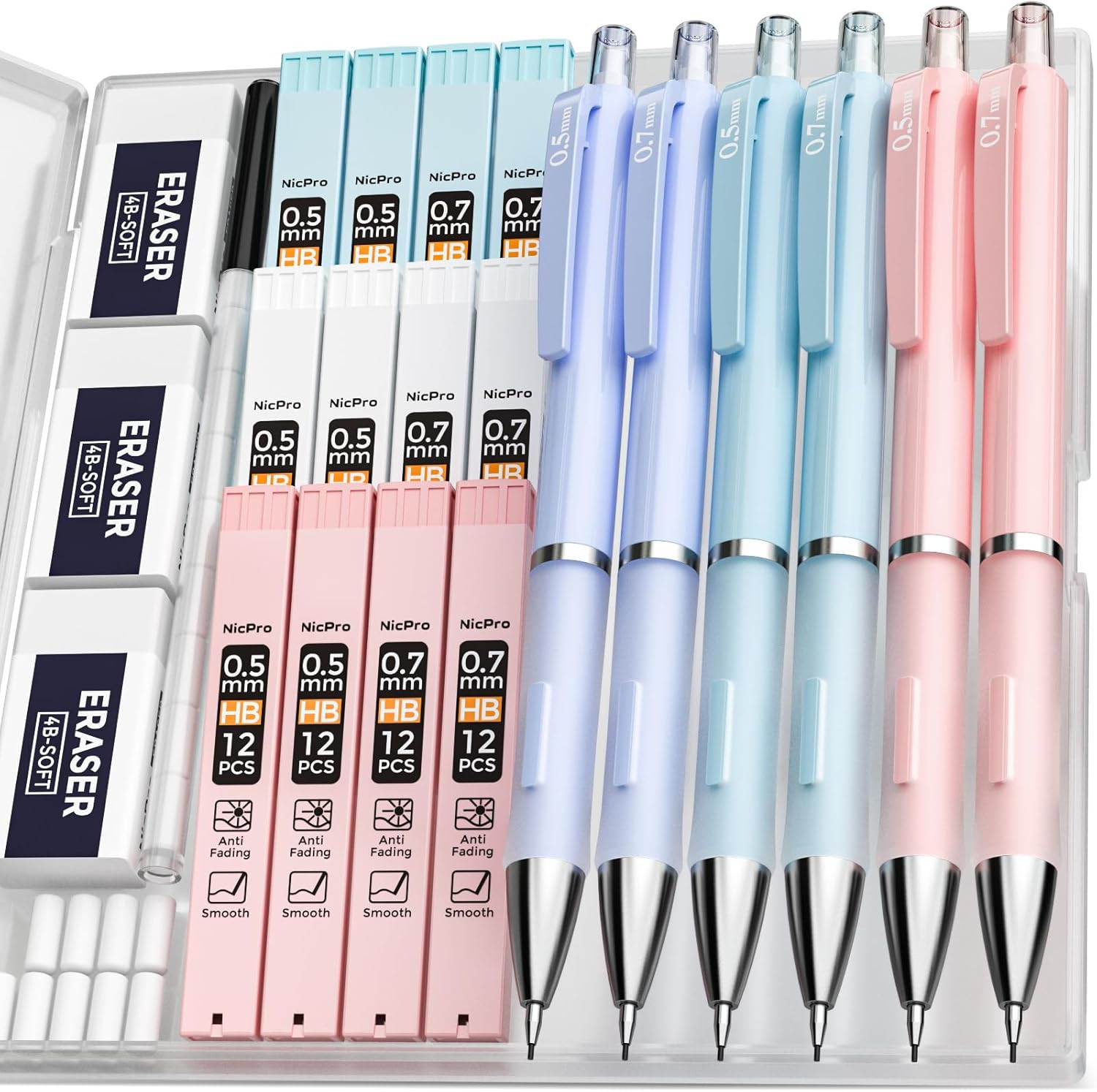6PCS Pastel Mechanical Pencil Set with Case, 0.5 & 0.7 Mm Cute Pencils with 12 T