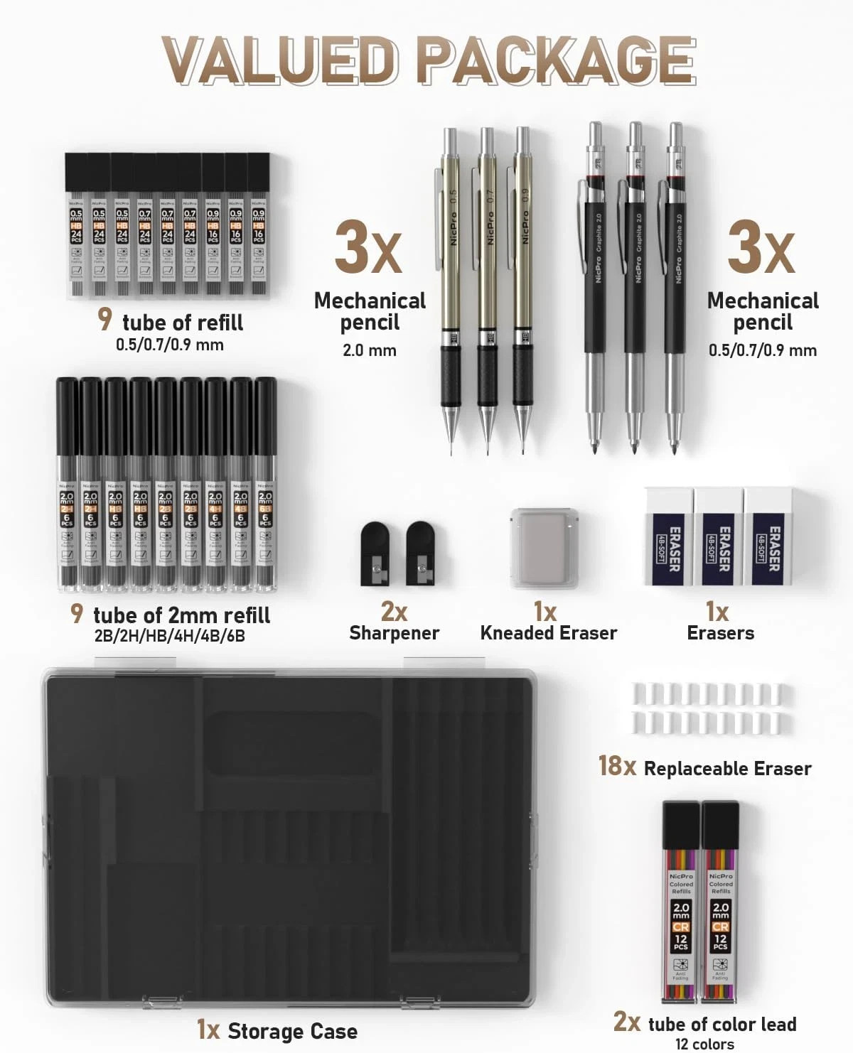 35PCS Art Mechanical Pencils Set, 3 PCS Metal Drafting Pencil 0.5 mm & 0.7 mm &