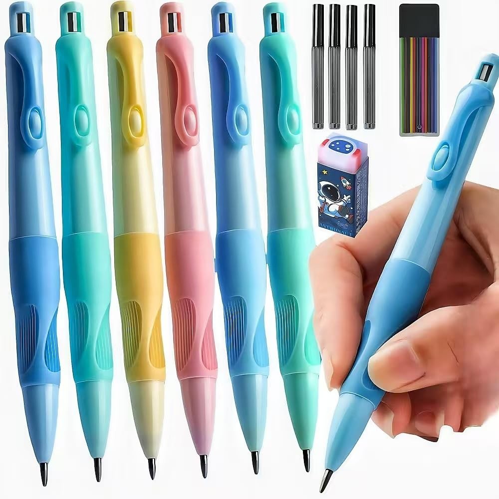 6 Pack 2.0mm Thick Mechanical Pencils with Grip 14 HB Leads for Kids