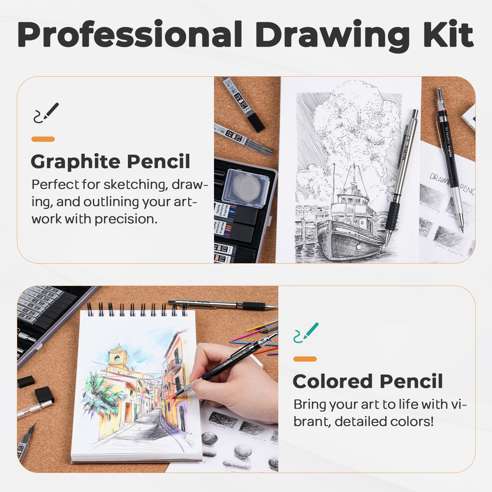 Nicpro 37PCS Art Kit: 0.5-2mm Pencils + 100pg Sketch Book + 288 Lead Refills