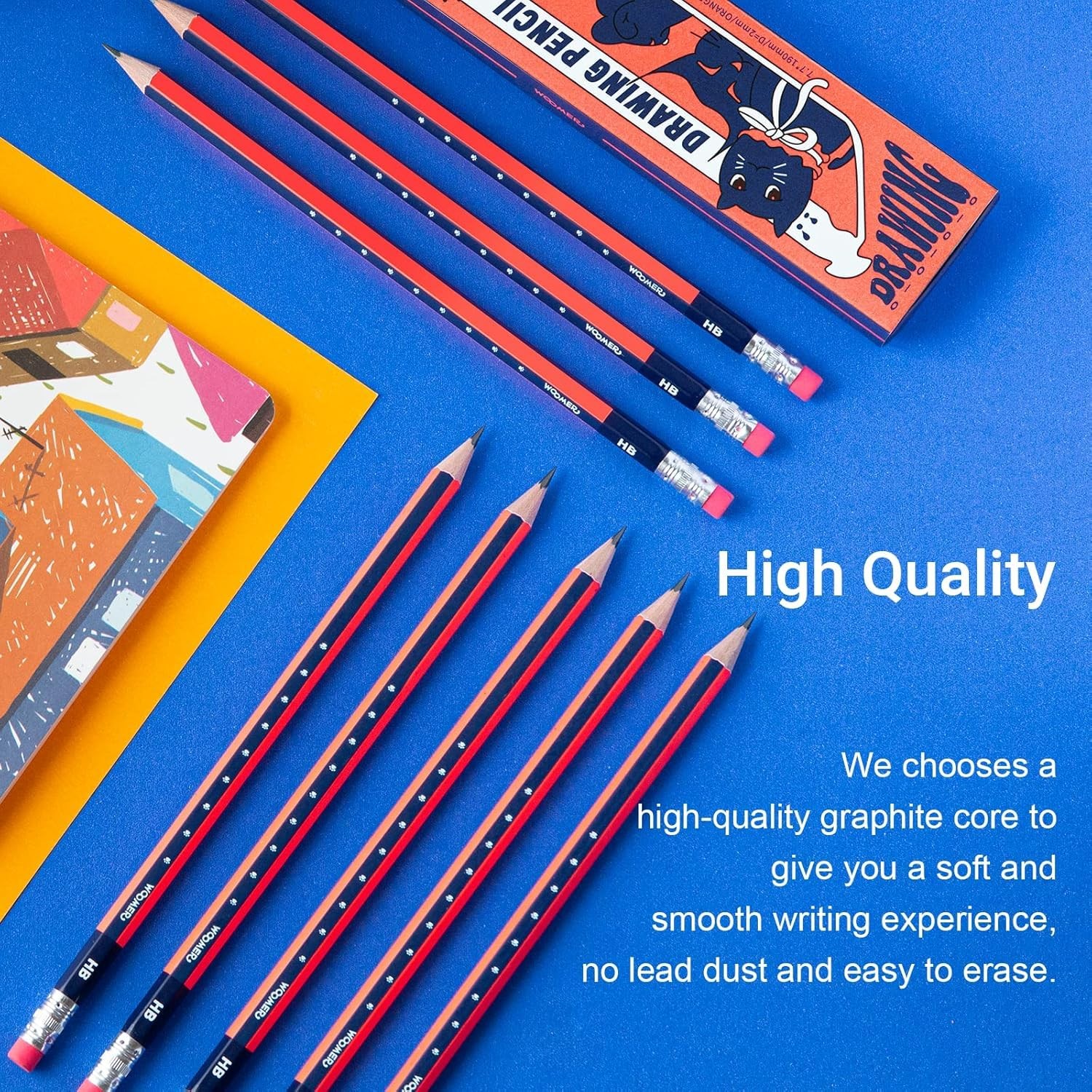 Woomer Premium HB Pencils Set, High-concentration 1 Count (Pack of 10), Black