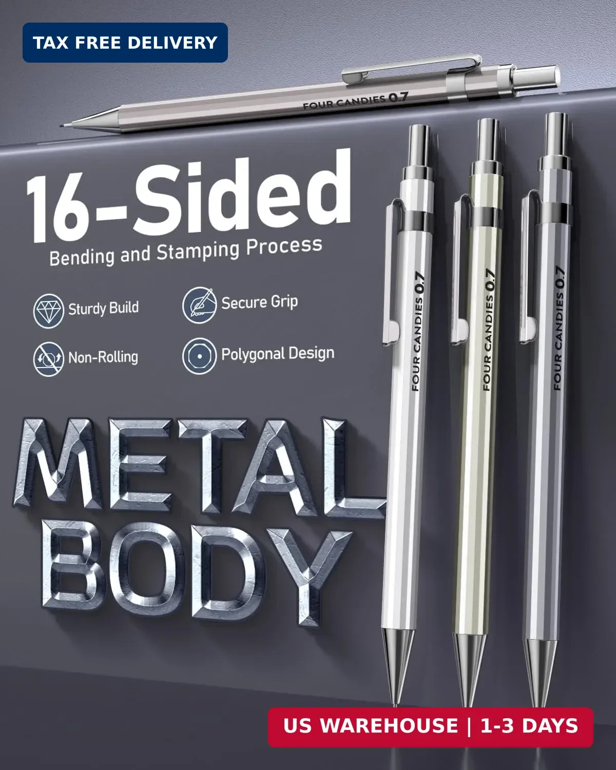 Four Candies 0.7mm Mechanical Pencil Set with Case – 4PCS Metal Mechanical Penci