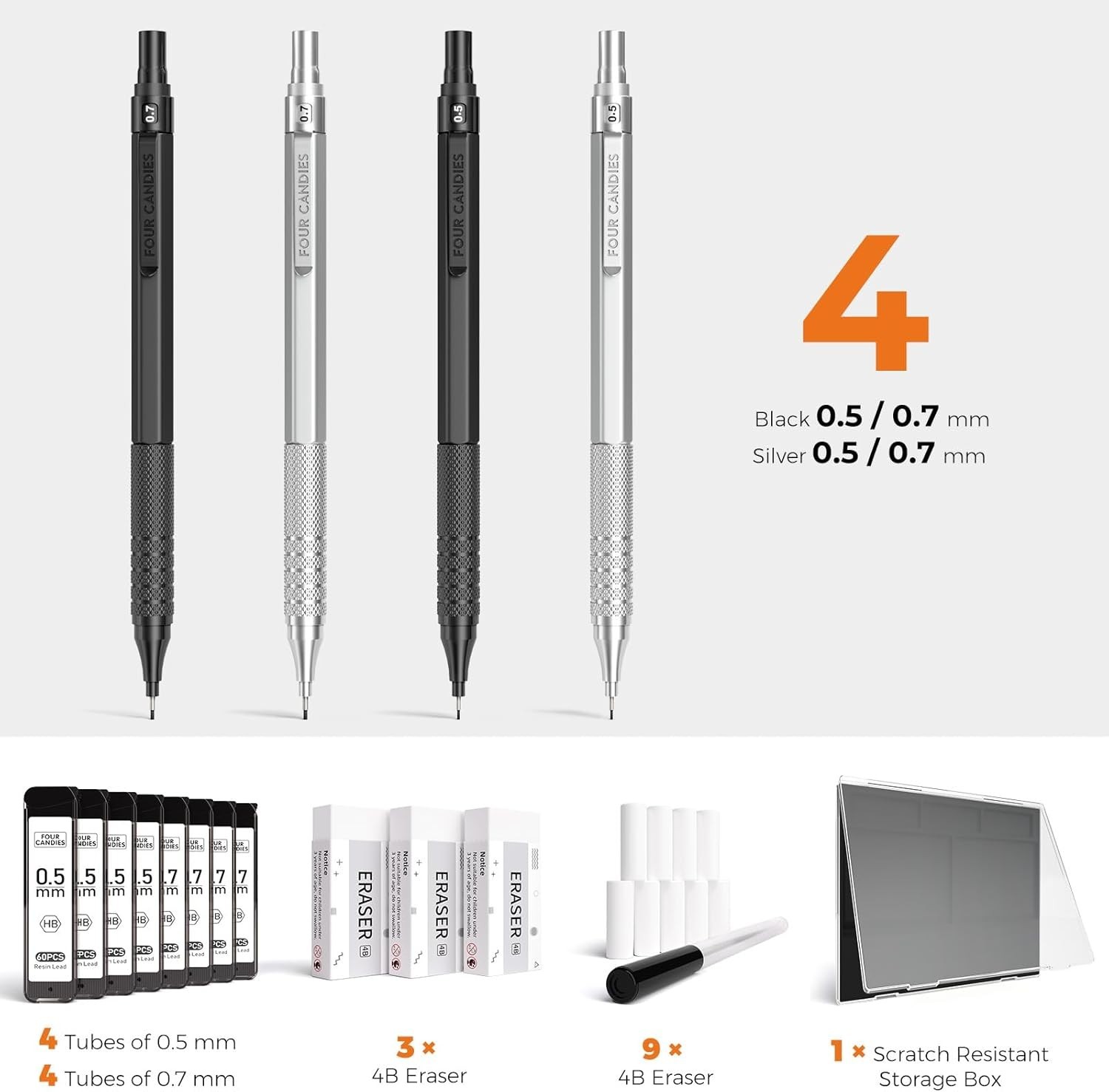4PCS Metal Mechanical Pencils Set with Case, 0.5mm & 0.7 mm Artist Pencil wit…