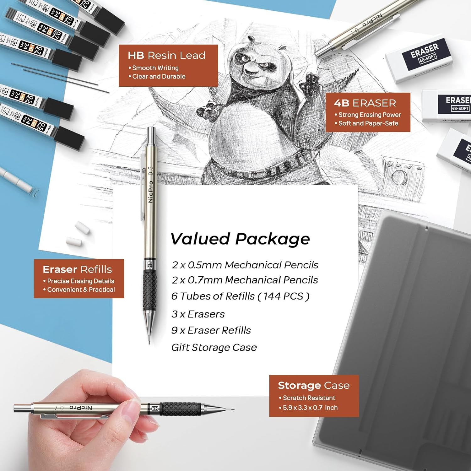 Art Mechanical Pencil Set in Case, 4 PCS Metal Drafting Pencil 0.5 Mm & 0.7 Mm,