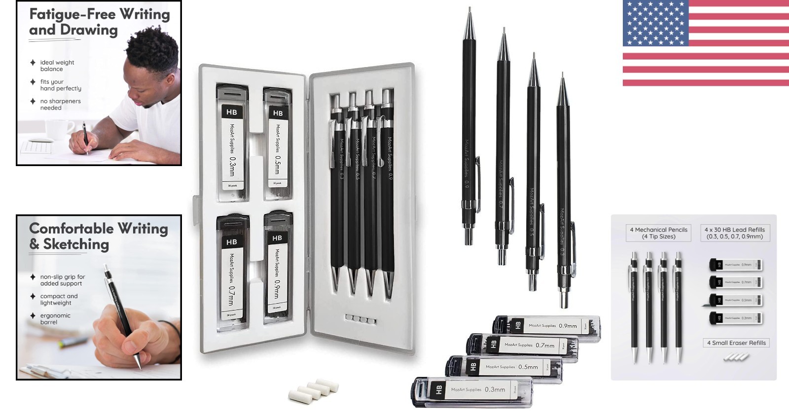 MozArt Ergonomic Mechanical Pencil Set – 4 Sizes, 30 Leads, and Case for Artists