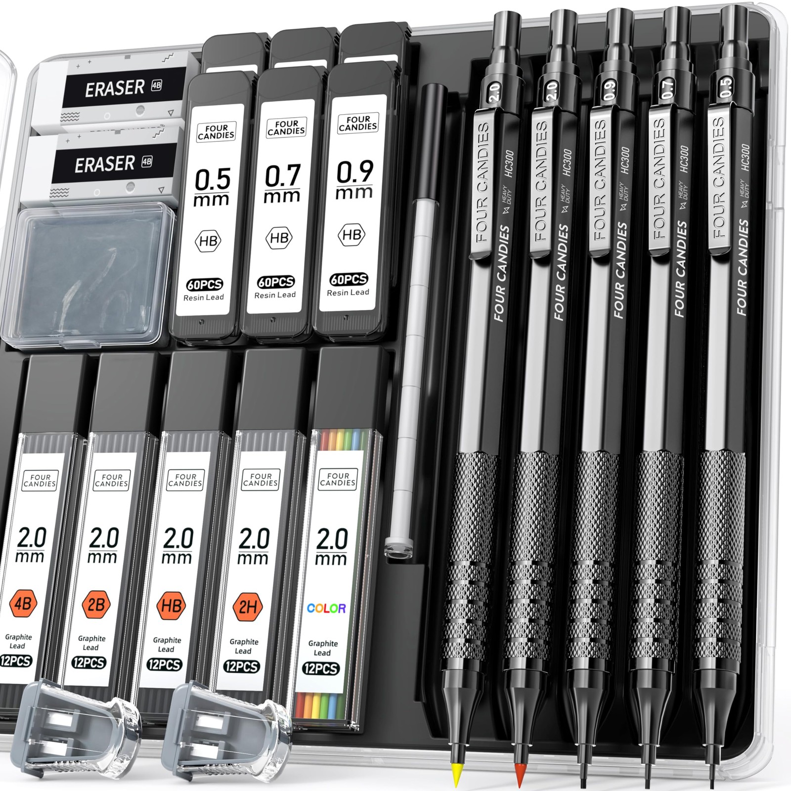 Metal Mechanical Pencil Set 3Pcs 0.5/0.7/0.9MM 2Pcs 2MM 420Pcs Leads Black
