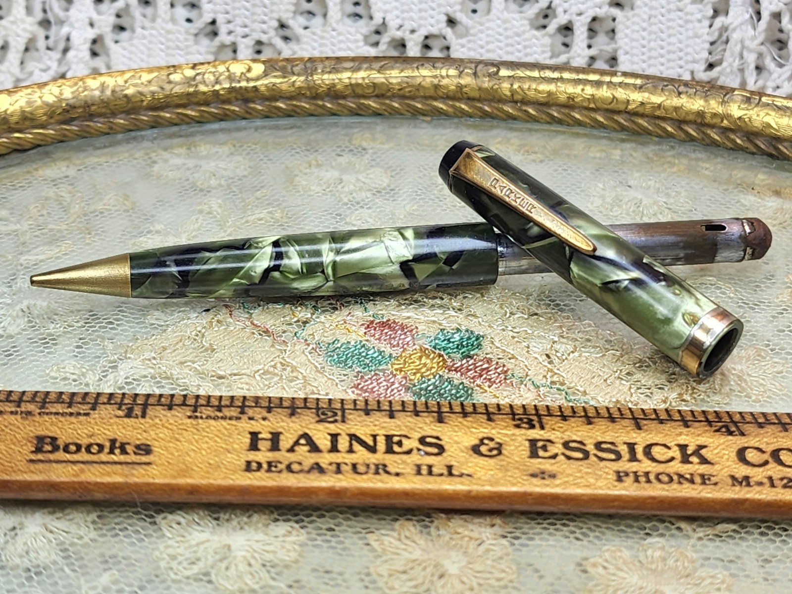 VTG Parker Challenger Pencil== Green Marbled Advertisng Tallman Cadilac Decatur
