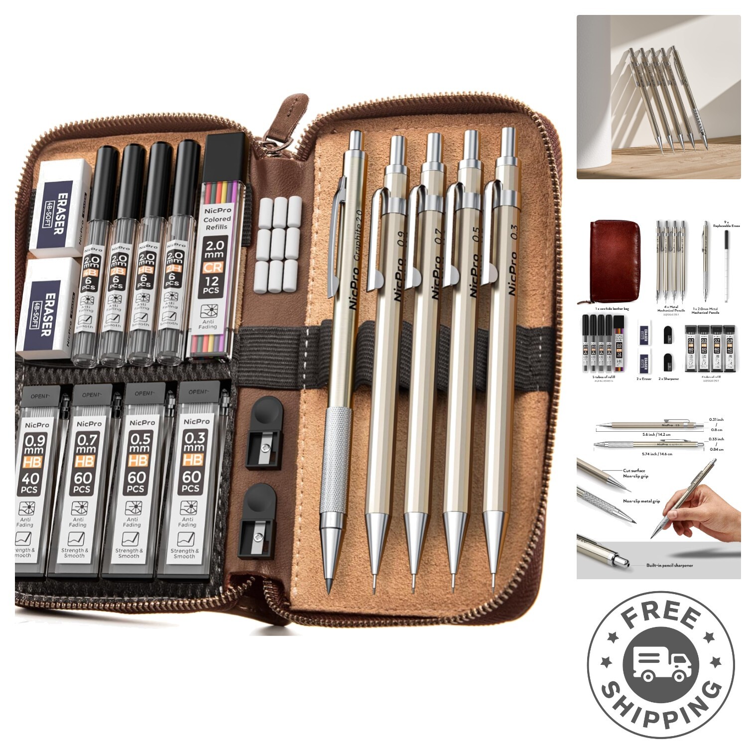 All-Inclusive 20PCS Mechanical Pencils with Leather Storage for Artists