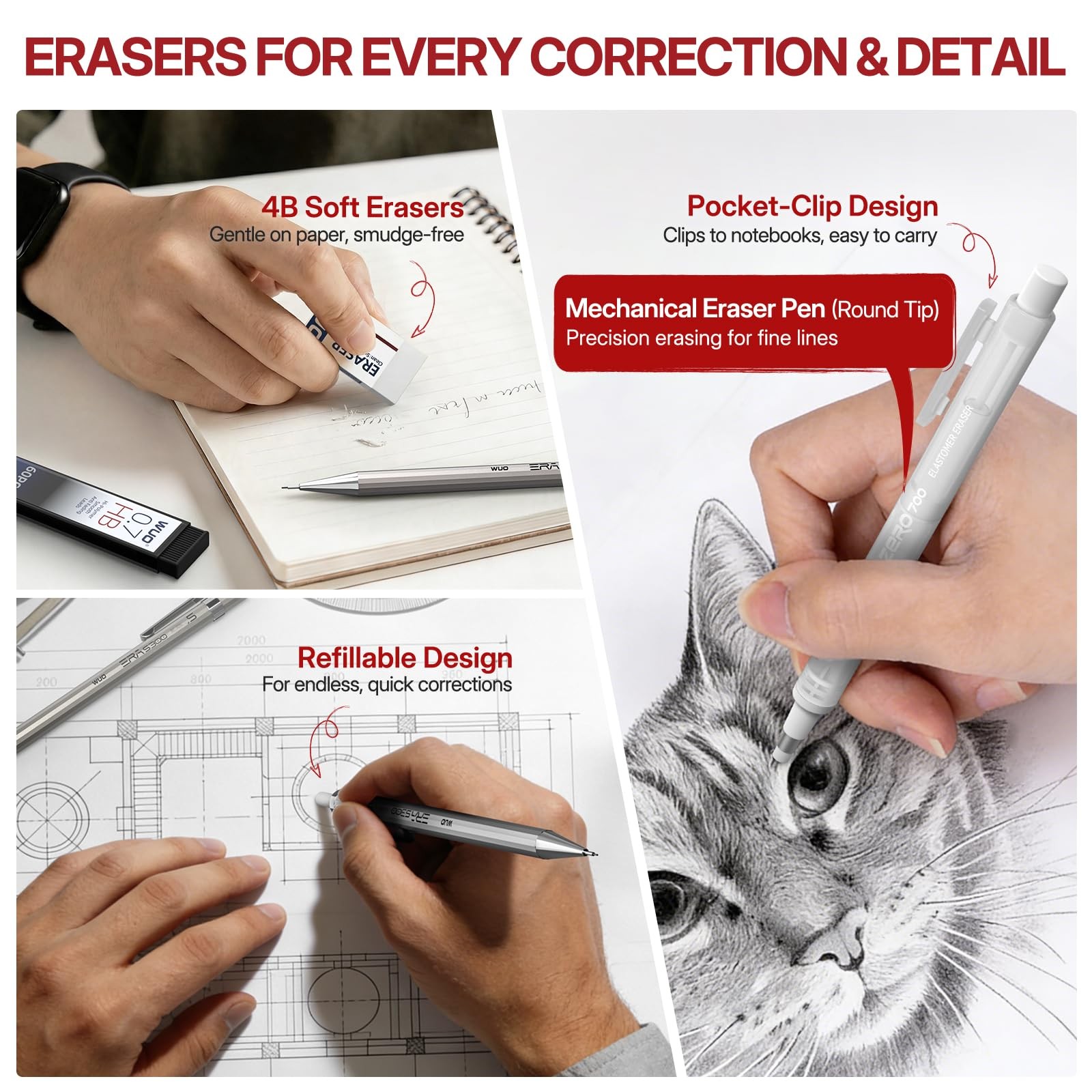 4 PCS 0.7mm Metal Mechanical Pencil Set with 480 HB Leads Erasers for Drawing