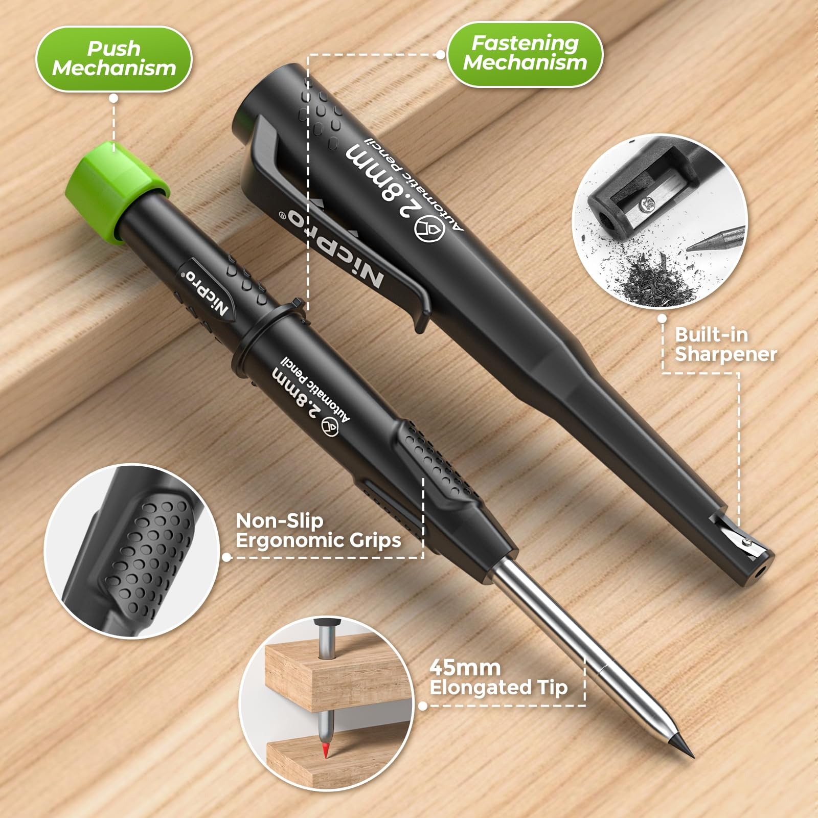 Nicpro Carpenter Pencil with Sharpener, CP3000 1 Count (Pack of 5), Black