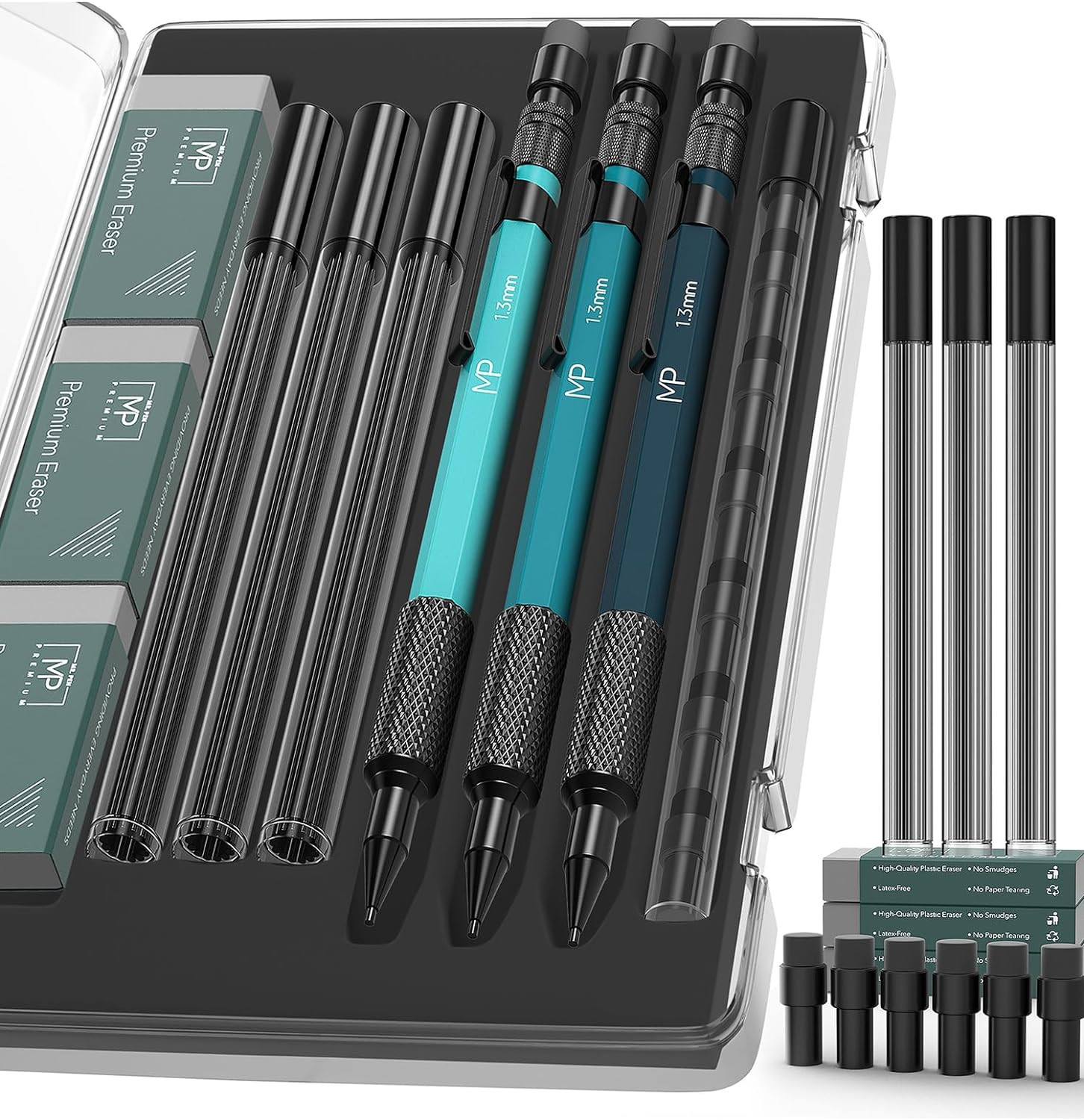 – Metal Mechanical Pencils Set with Lead and Eraser Refills, 3 Pack, 1.3 Mm Mech