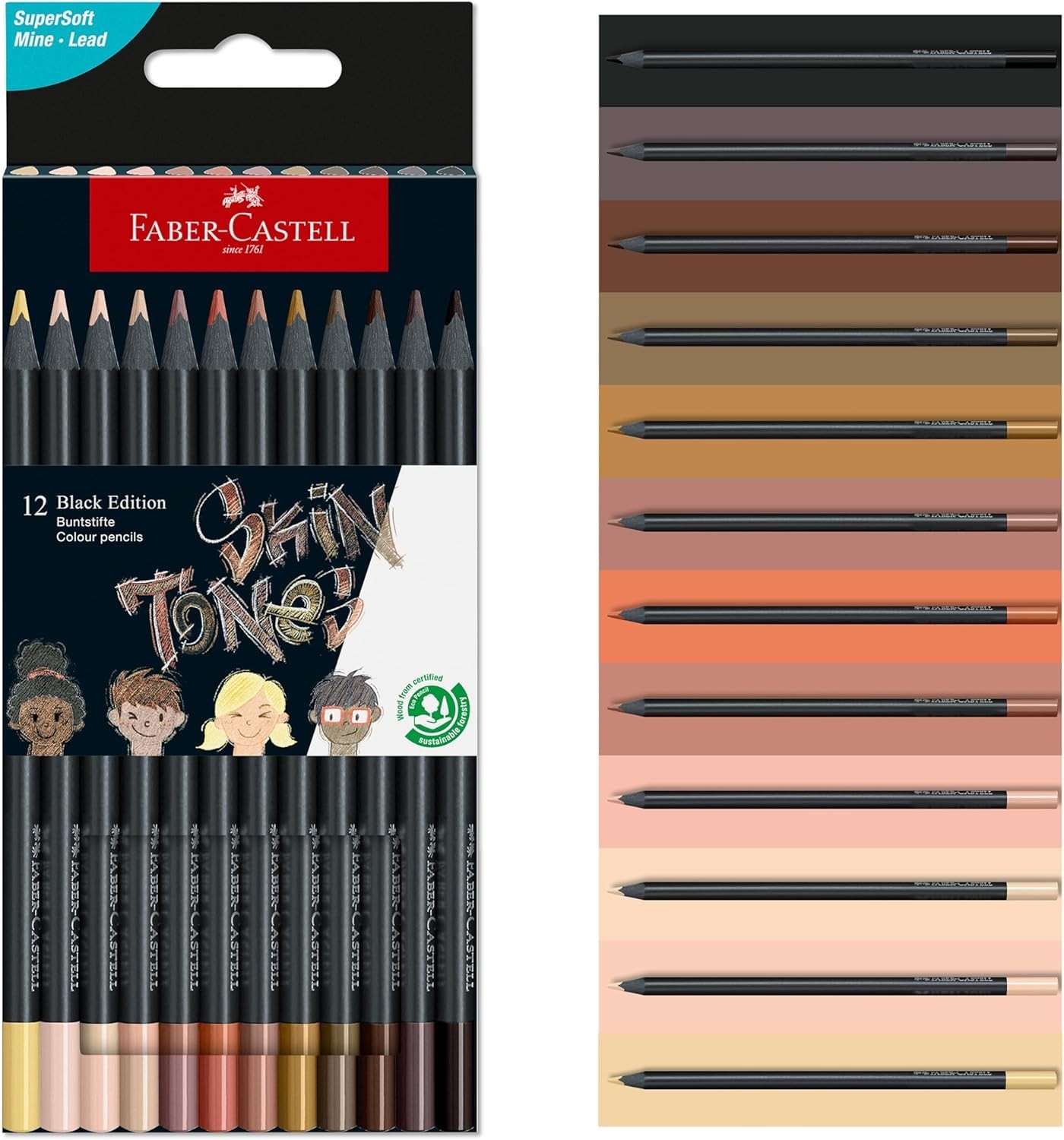 Faber-Castell Black Edition Skin Tone Colored 12 Count (Pack of 1), tone