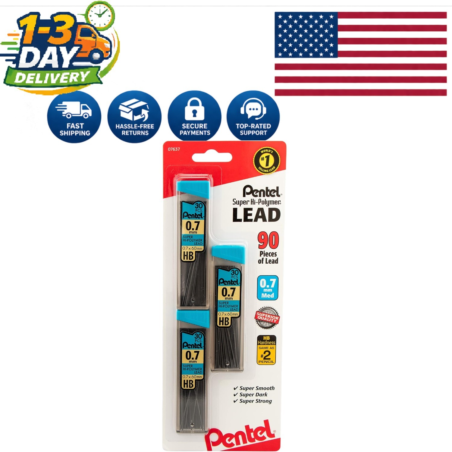 30 x 3 Tubes 0.7mm HB Black Super Hi-Polymer Lead Refills for Mechanical Pencils