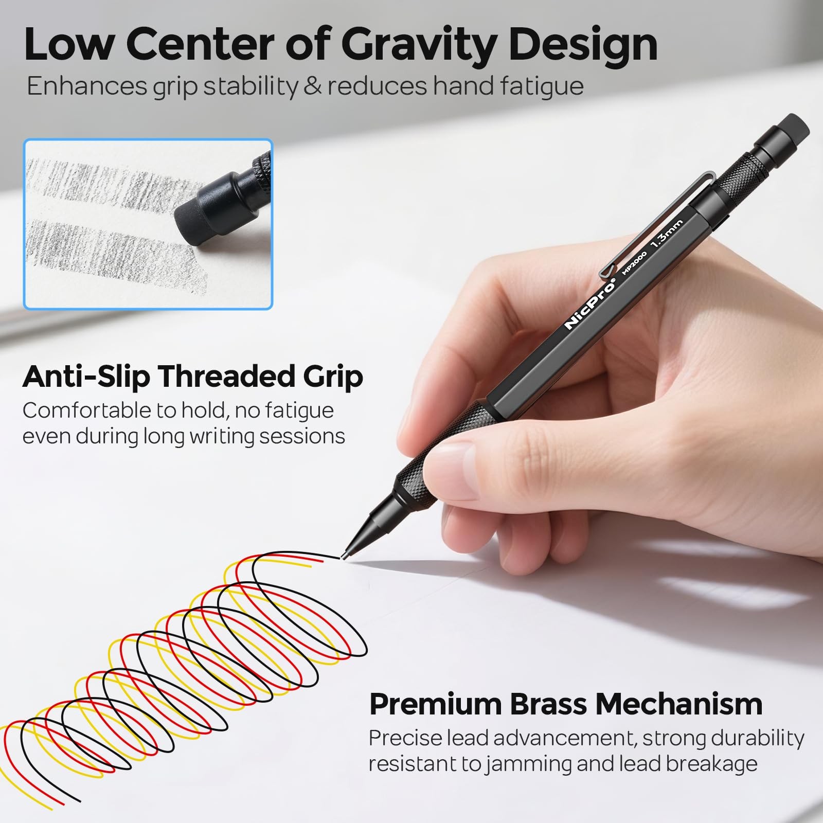Nicpro 3 PCS 1.3 mm Blacke Mechanical Pencils Set with 48 Black, Yellow, Red