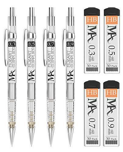 MozArt Mechanical Pencil Set – 4 Sizes: 0.3, 0.5, 0.7 & 0.9 mm, 30 HB Lead