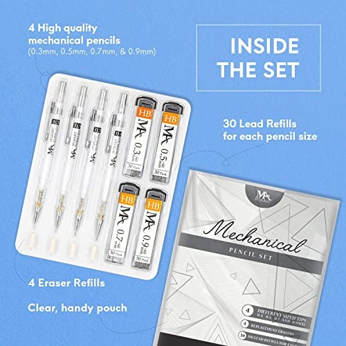 MozArt Mechanical Pencil Set – 4 Sizes: 0.3, 0.5, 0.7 & 0.9 mm, 30 HB Lead