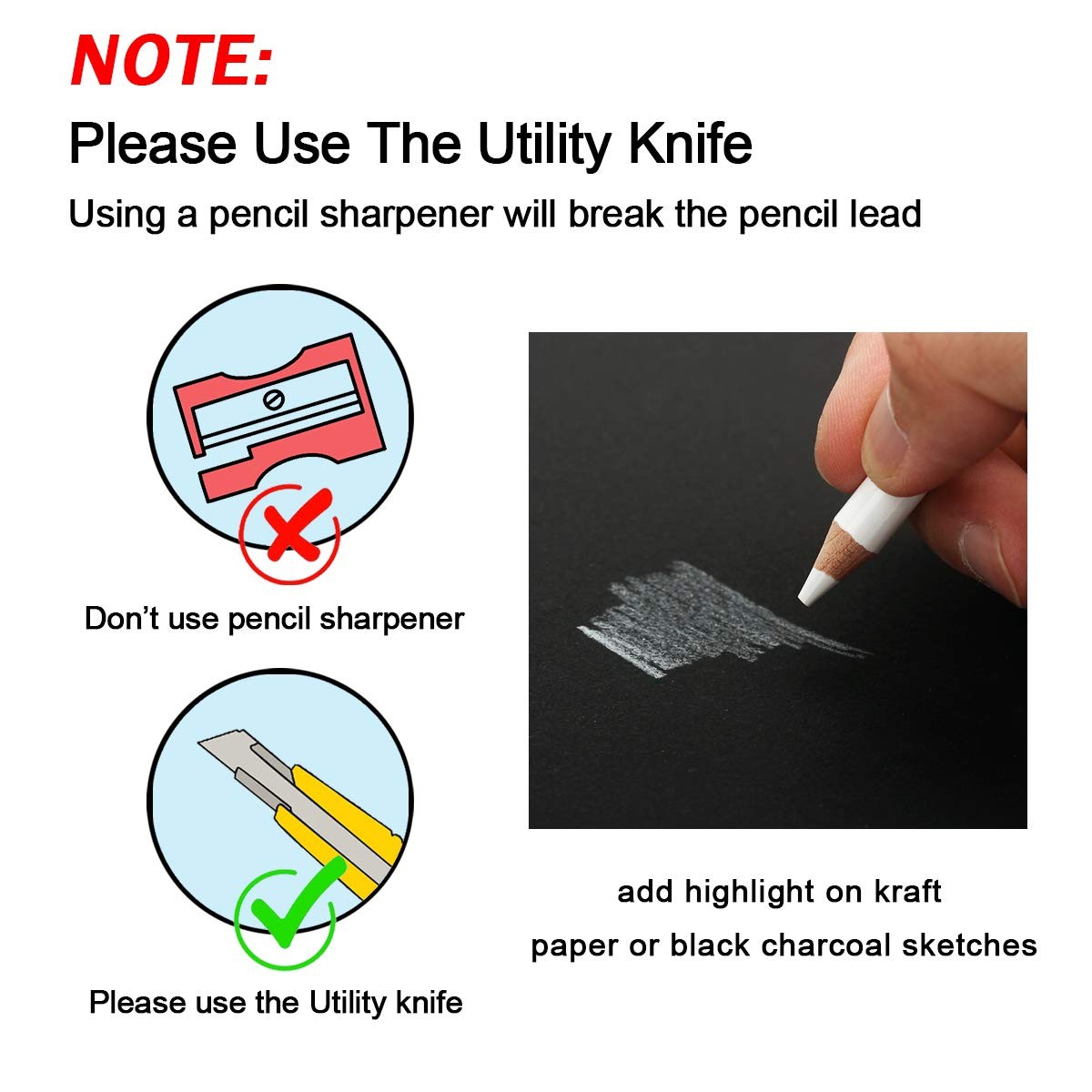 Brusarth White Charcoal Pencils Drawing Set, Professional 6-Piece