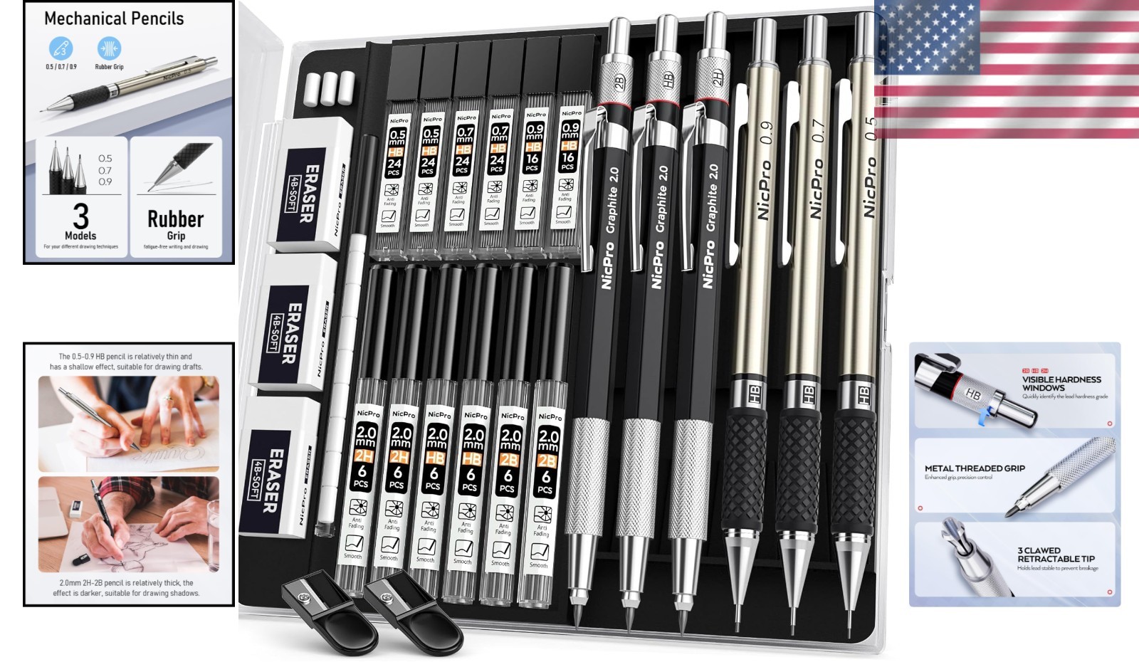 Versatile Drafting Pencil Set – 6PCS with 12 Lead Refills, Ideal for Sketching