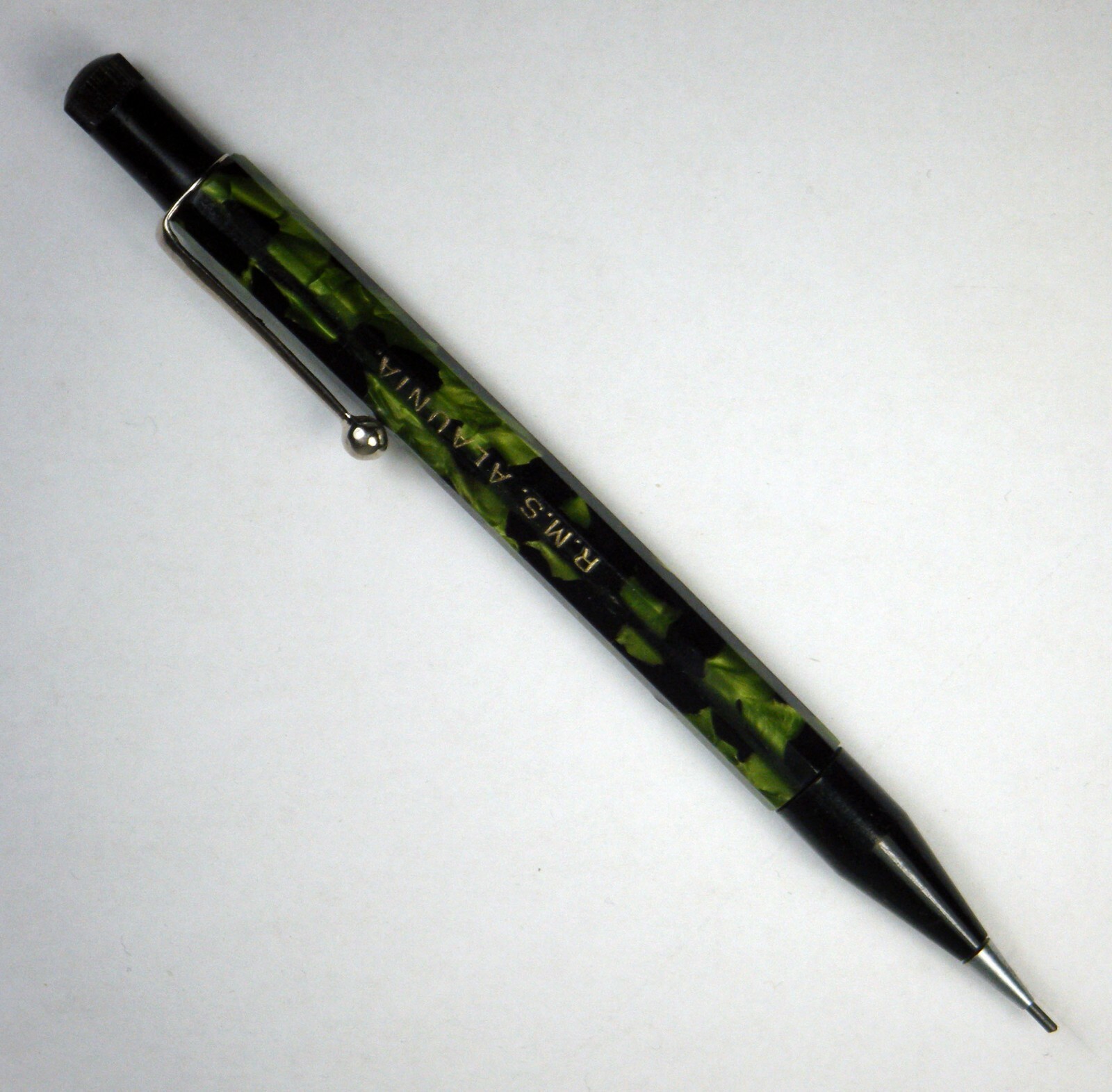 Vintage Mechanical Pencil: Green, Black Plastic, Chrome Imprinted R.M.S. ALAUNIA