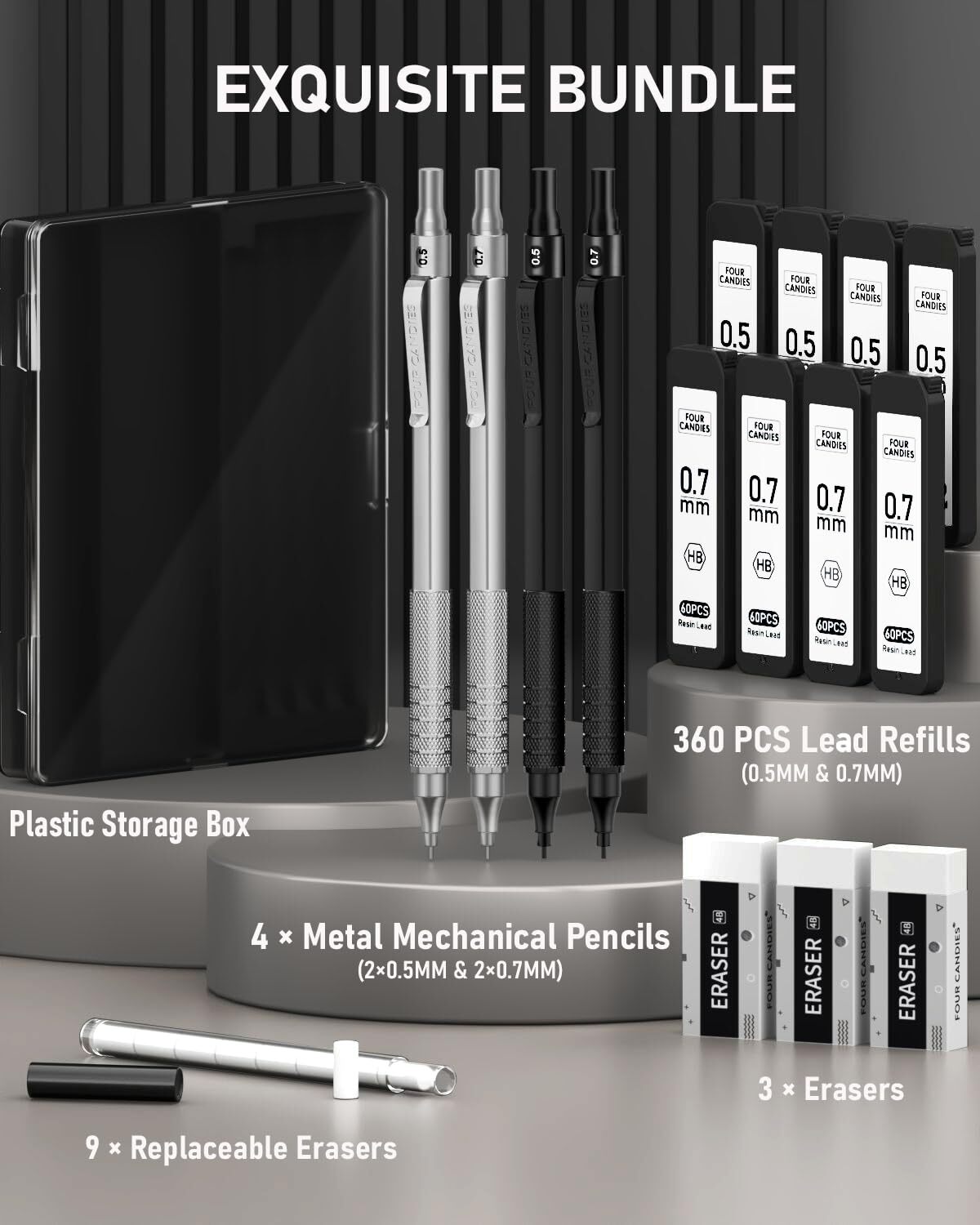 Four Candies 4PCS Metal Mechanical Pencils Set with Case 0.5mm & 0.7 mm Artis…