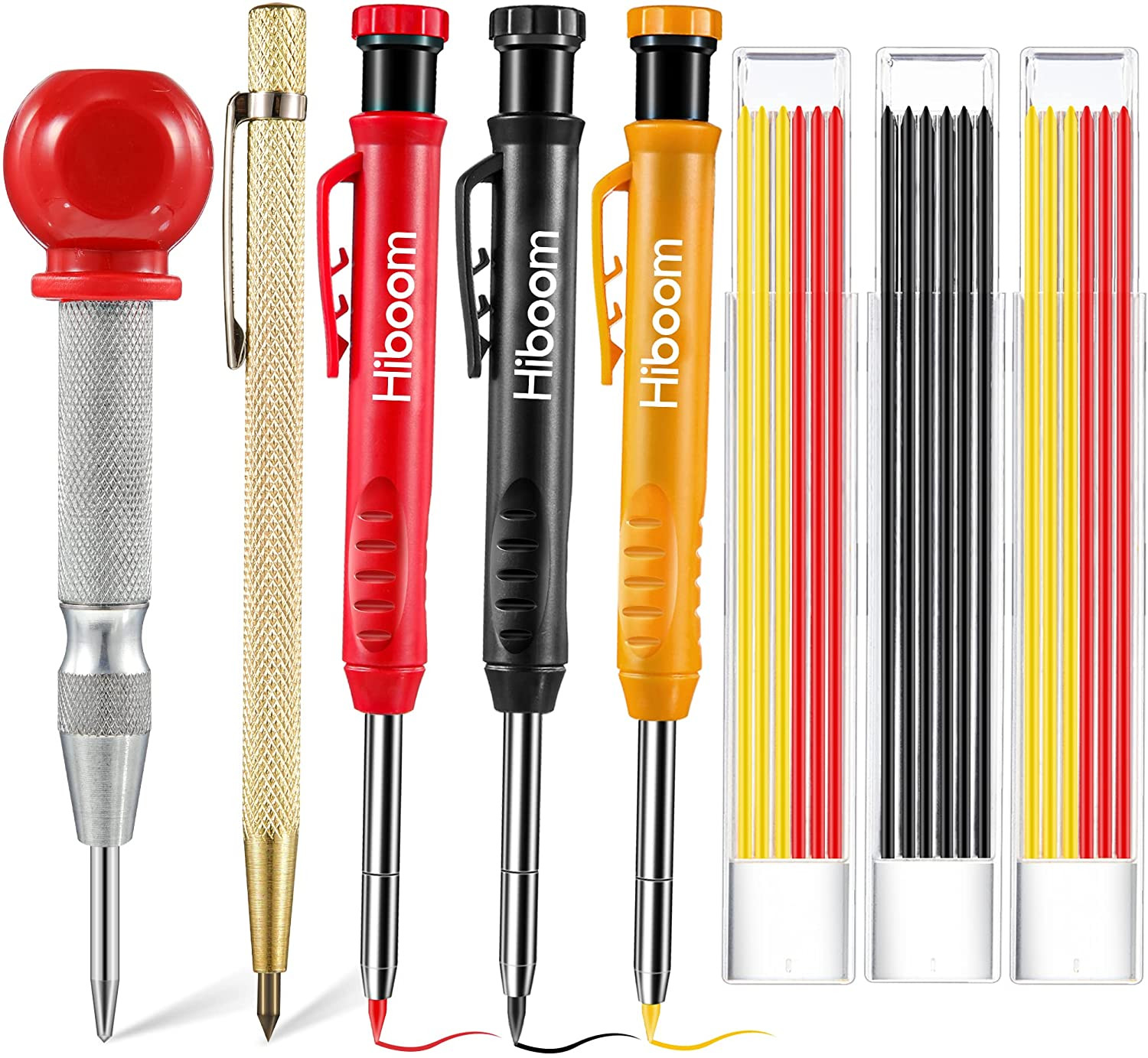 8 Pack Carpenter Pencils Set with 18 Refills (Red, Black, Yellow) and Sharpener,