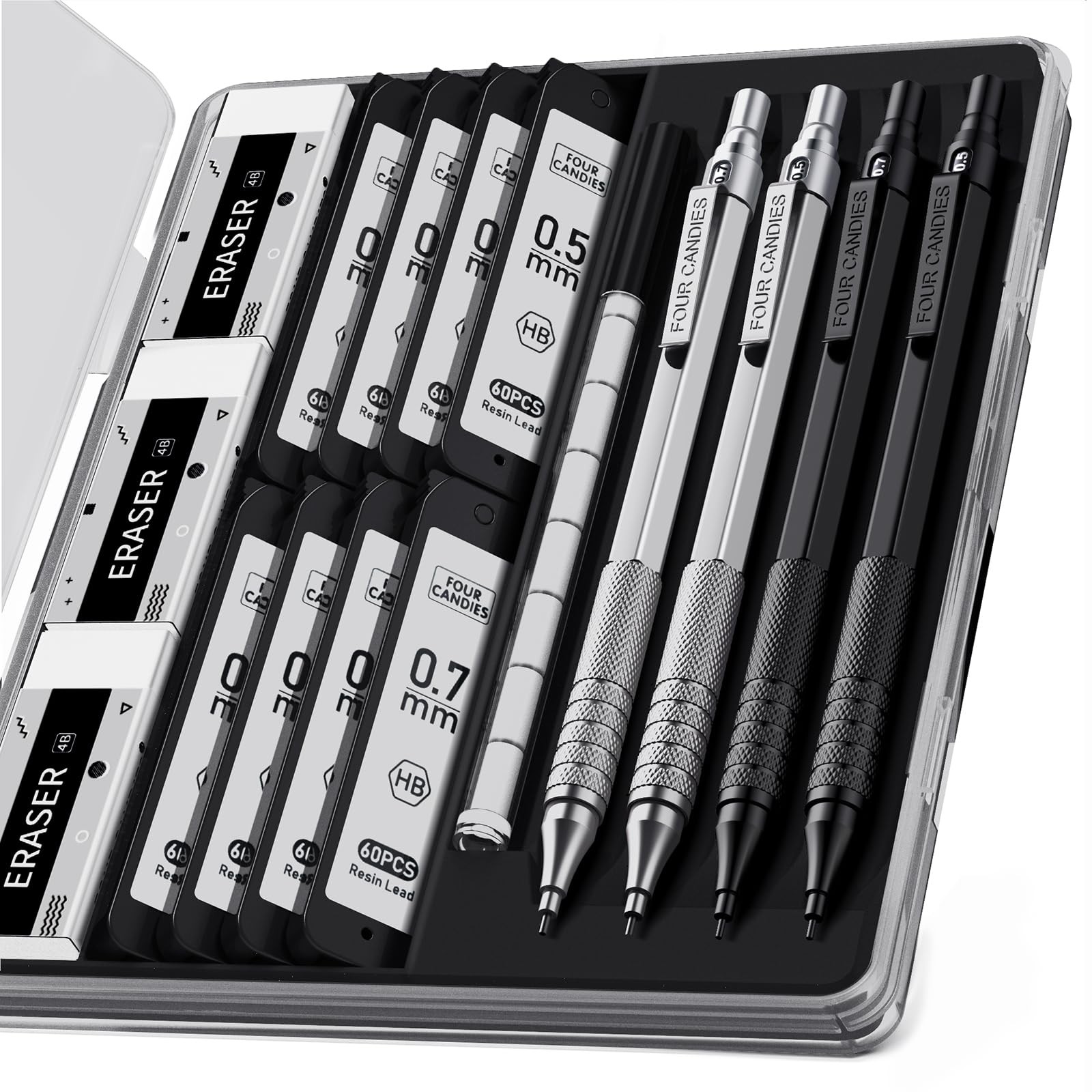 4PCS Metal Mechanical Pencil Set, 0.5mm+0.7mm, Storage Case, Black＆Silver