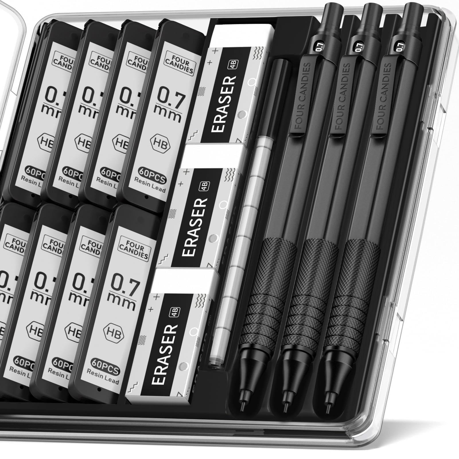 3 Pcs Black Metal Mechanical Graphite Pencil Set Anti-Skid Grip for Artists