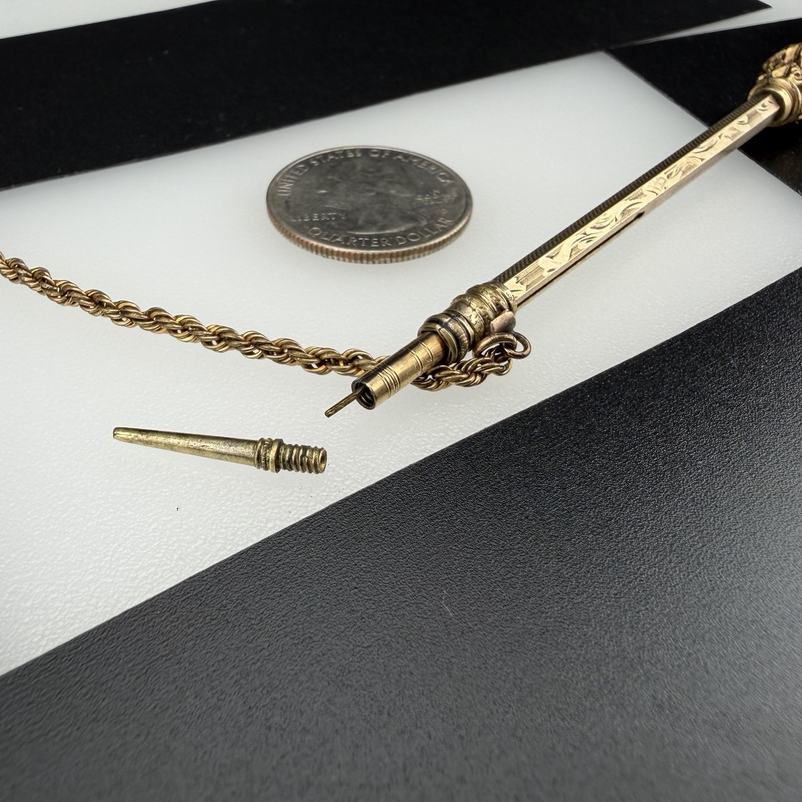 Victorian Gold Filled 3 7/8″ Telescoping Pencil Watch Fob w/ Chain & White Stone