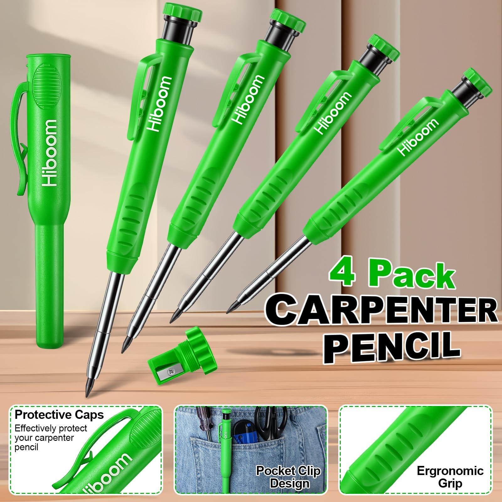 Hiboom 4 Pack Carpenter Pencils with 36 Refills (Red, Black, Yellow), Green