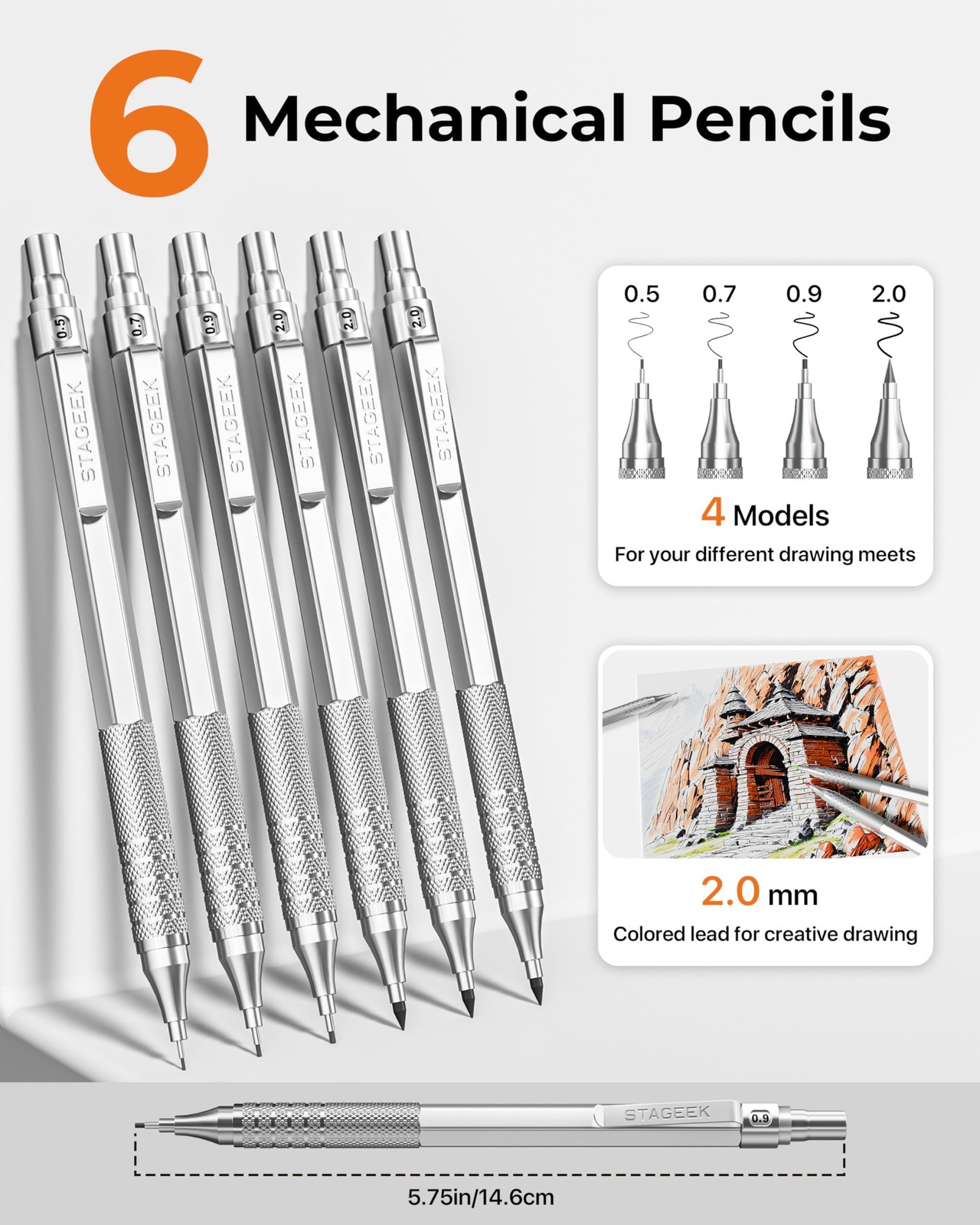 30 PCS Silver Metal Mechanical Pencil Set 0.5/0.7/0.9/2.0mm Art Drafting