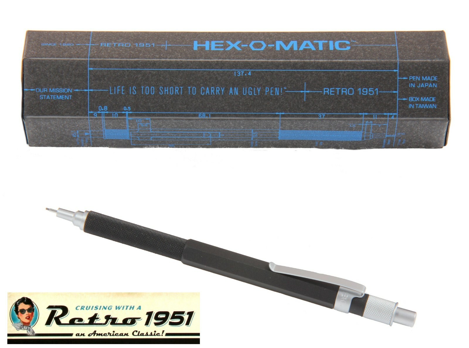 Retro 51 / Hex-o-matic Series Black 7mm Lead Pencil #HEX-601P