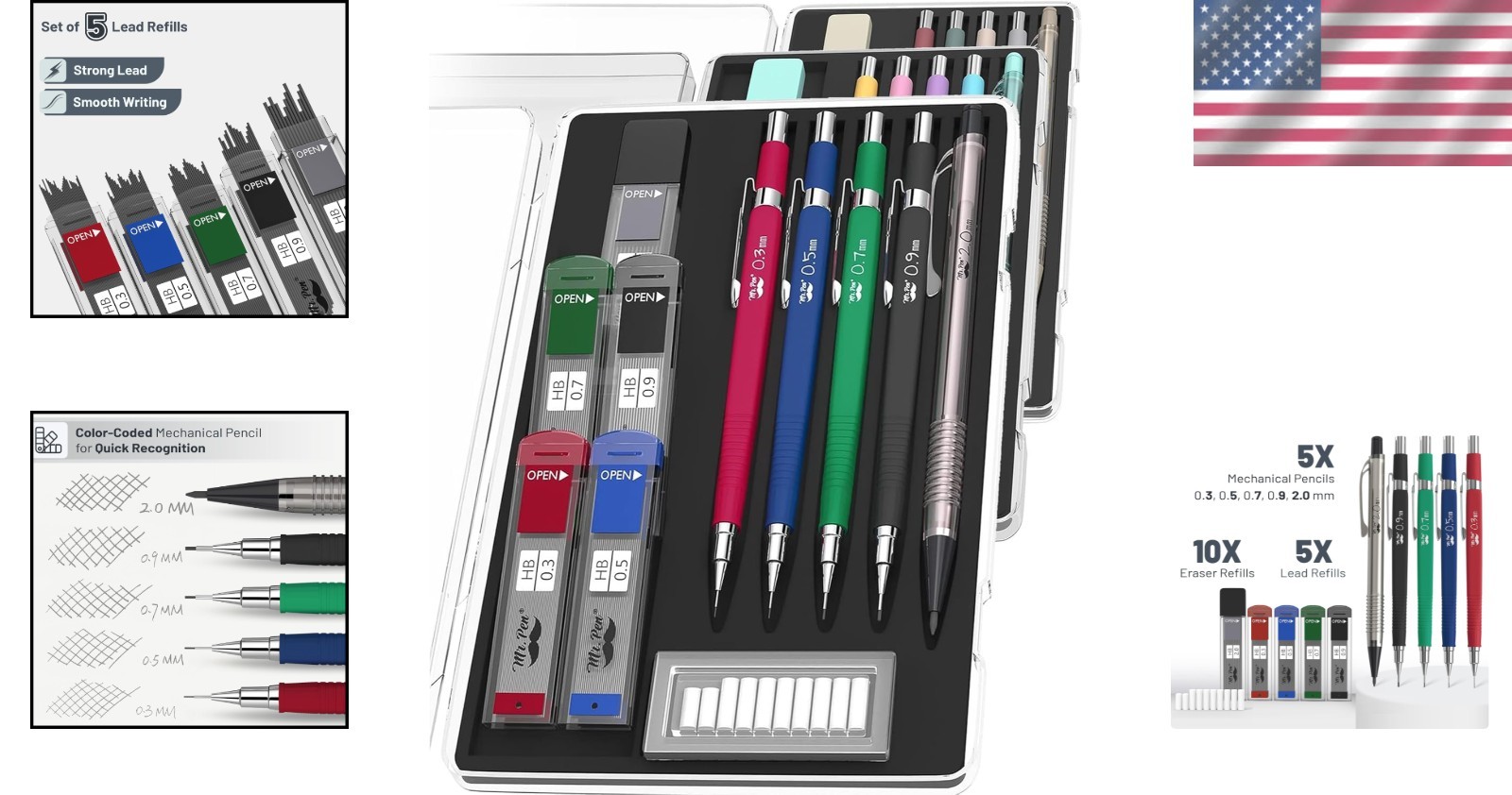 Versatile Mechanical Pencil Set – 5 Sizes, Non-Slip Grip for Comfort & Precision