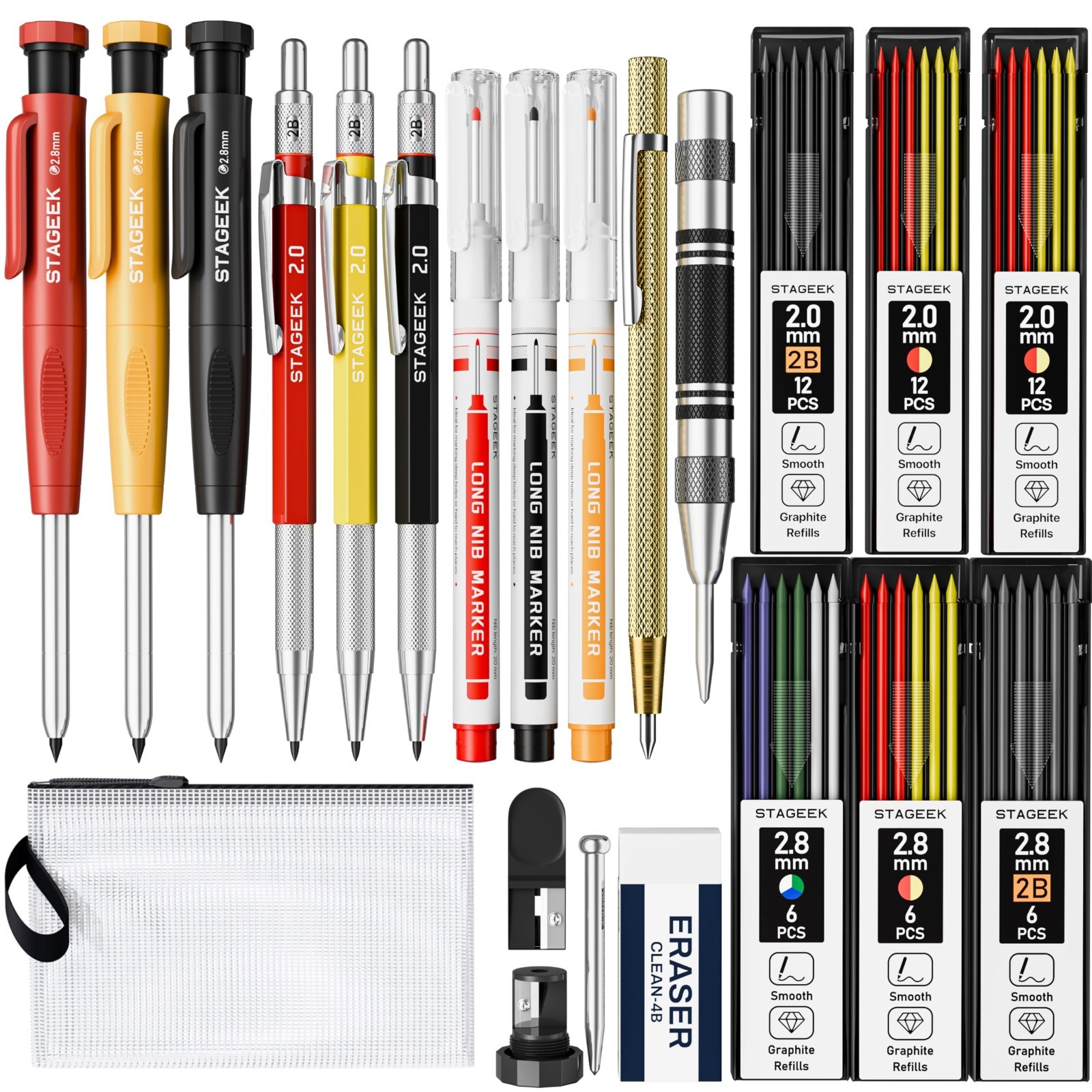 22 Pack Mechanical Carpenter Pencil Set, 60 Refills, Sharpener & Tools, Heavy Du
