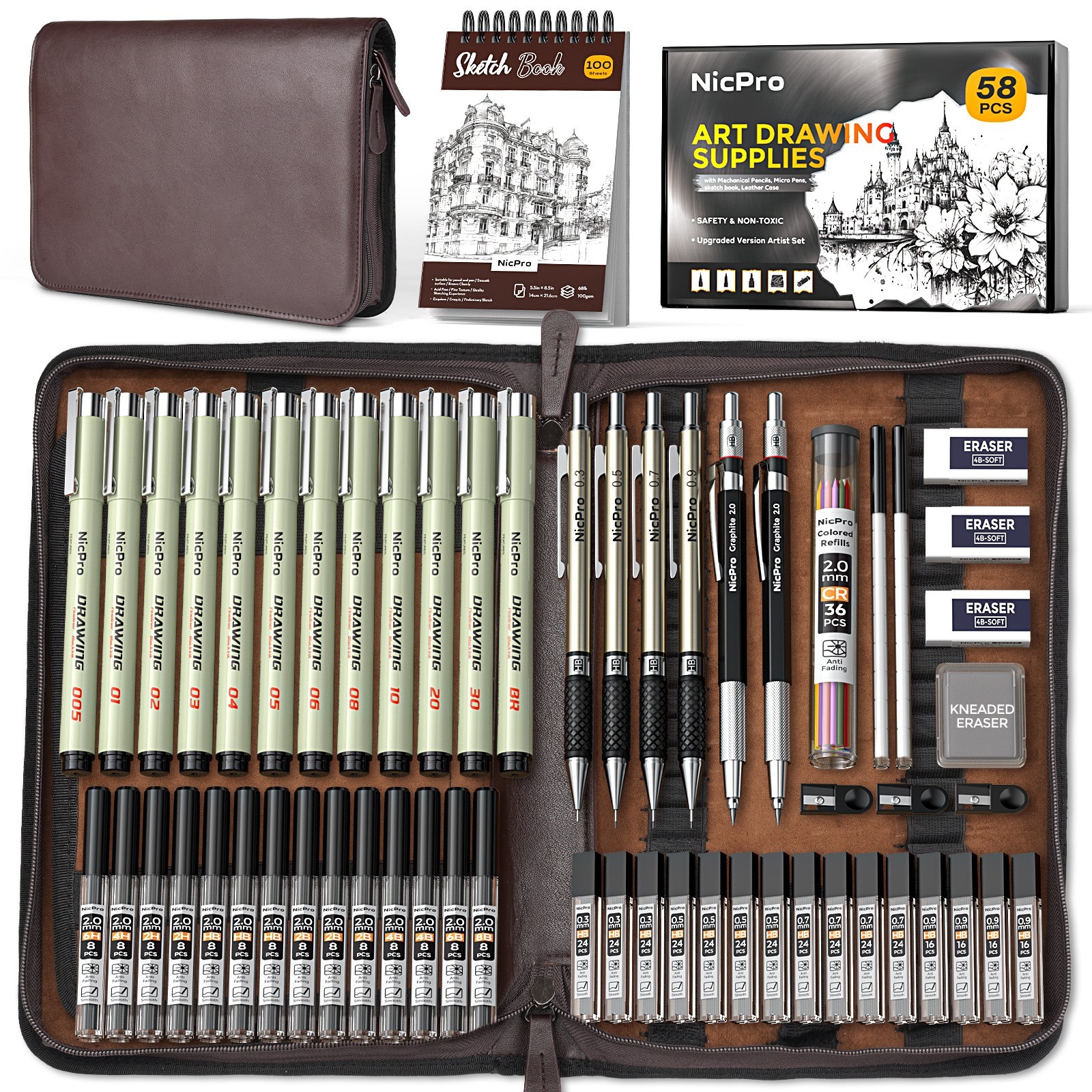Nicpro 58PCS Art Drawing Supplies in Leather Case