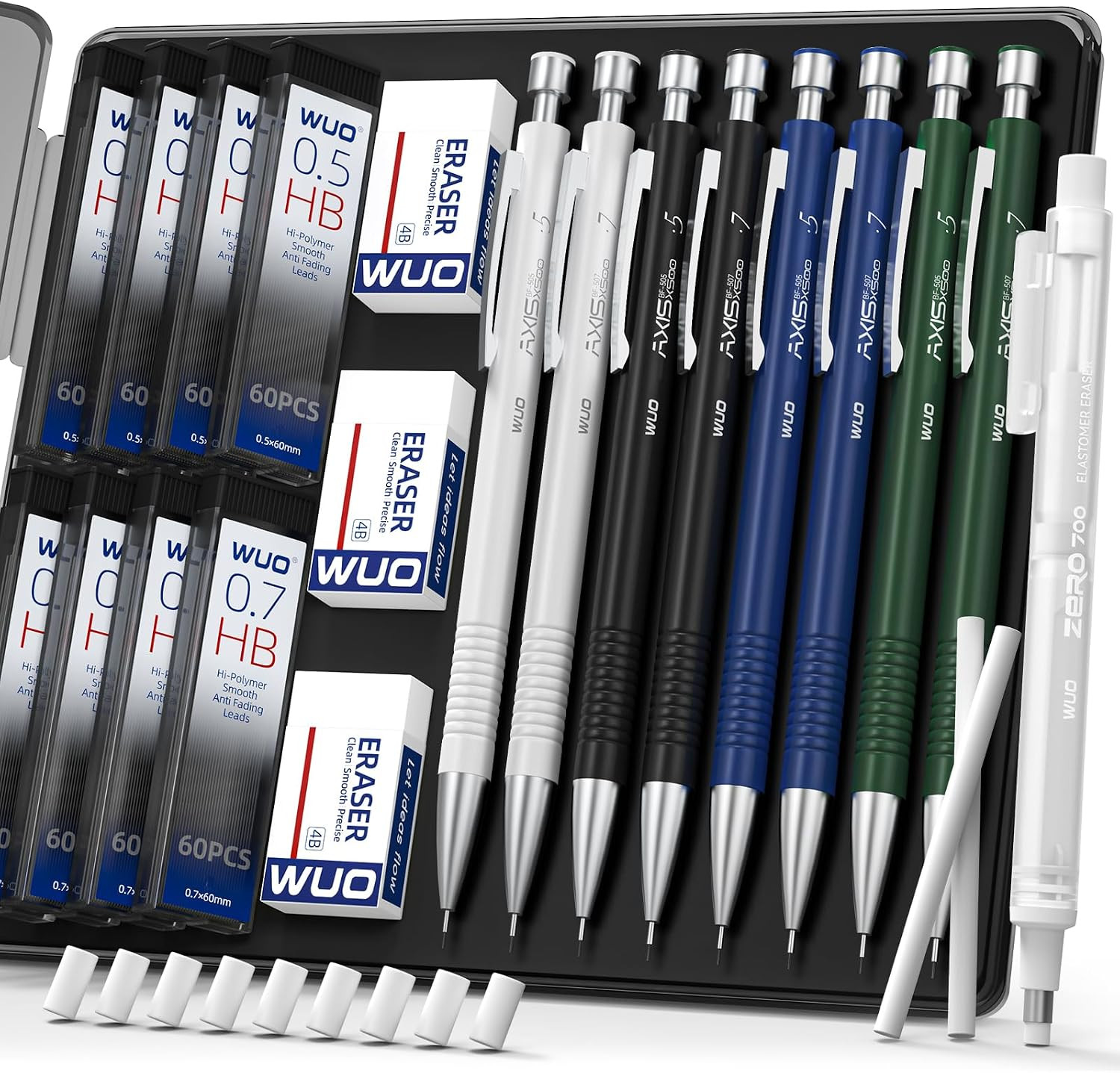 WUO 8PCS Mechanical Pencil Set with Case, 0.5 & 0.7Mm Metal Drafting Pencils wit