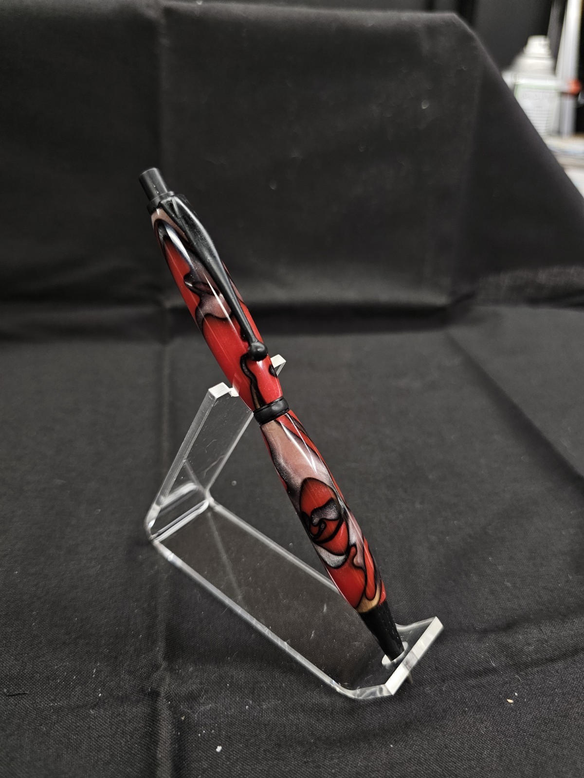 Slimline Mechanical Pencil in Black Enamel w/ a Red w/ Rose Swirled Acrylic