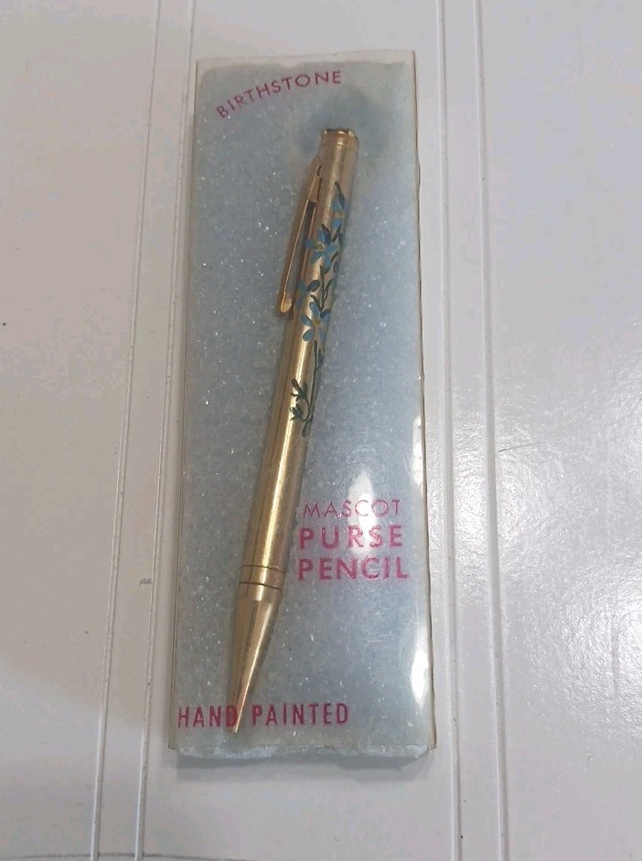 Vtg Pencil Glass Ruby Birthstone Mechanical 3¾” Hand Painted Floral by Mascot
