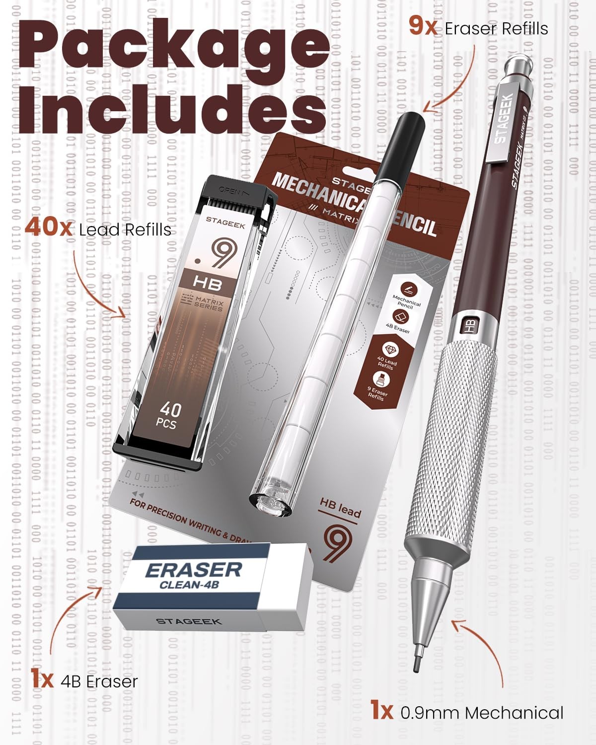 0.9mm Mechanical Pencil Metal Art Drafting Eraser 40 HB Lead Refills Brown